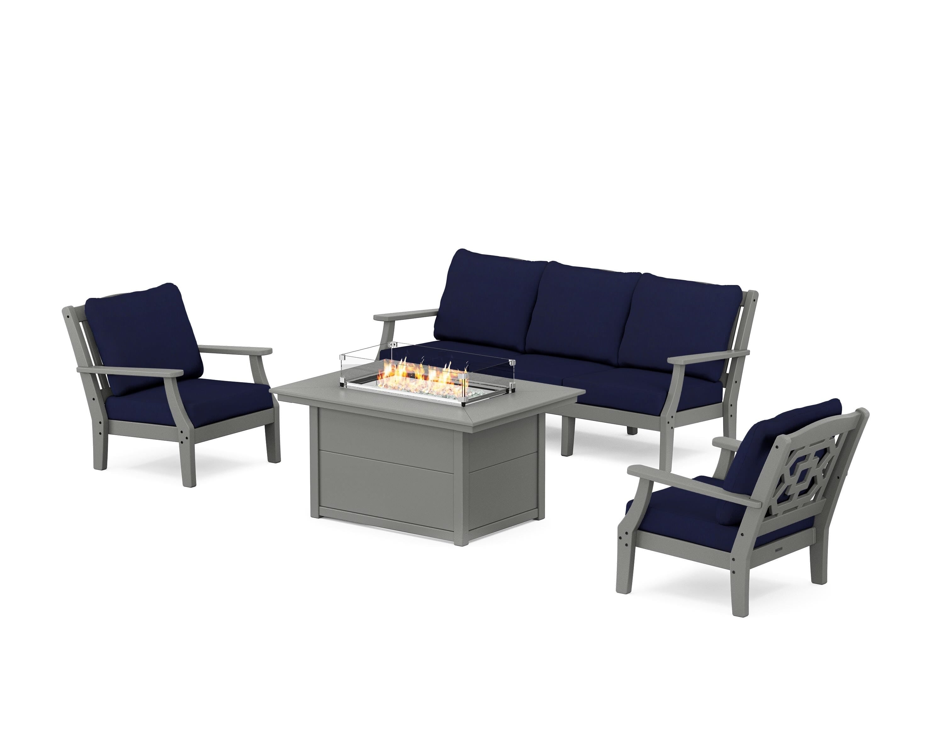 Martha Stewart by POLYWOOD Chinoiserie Deep Seating Fire Pit Table Set in Slate Grey / Navy