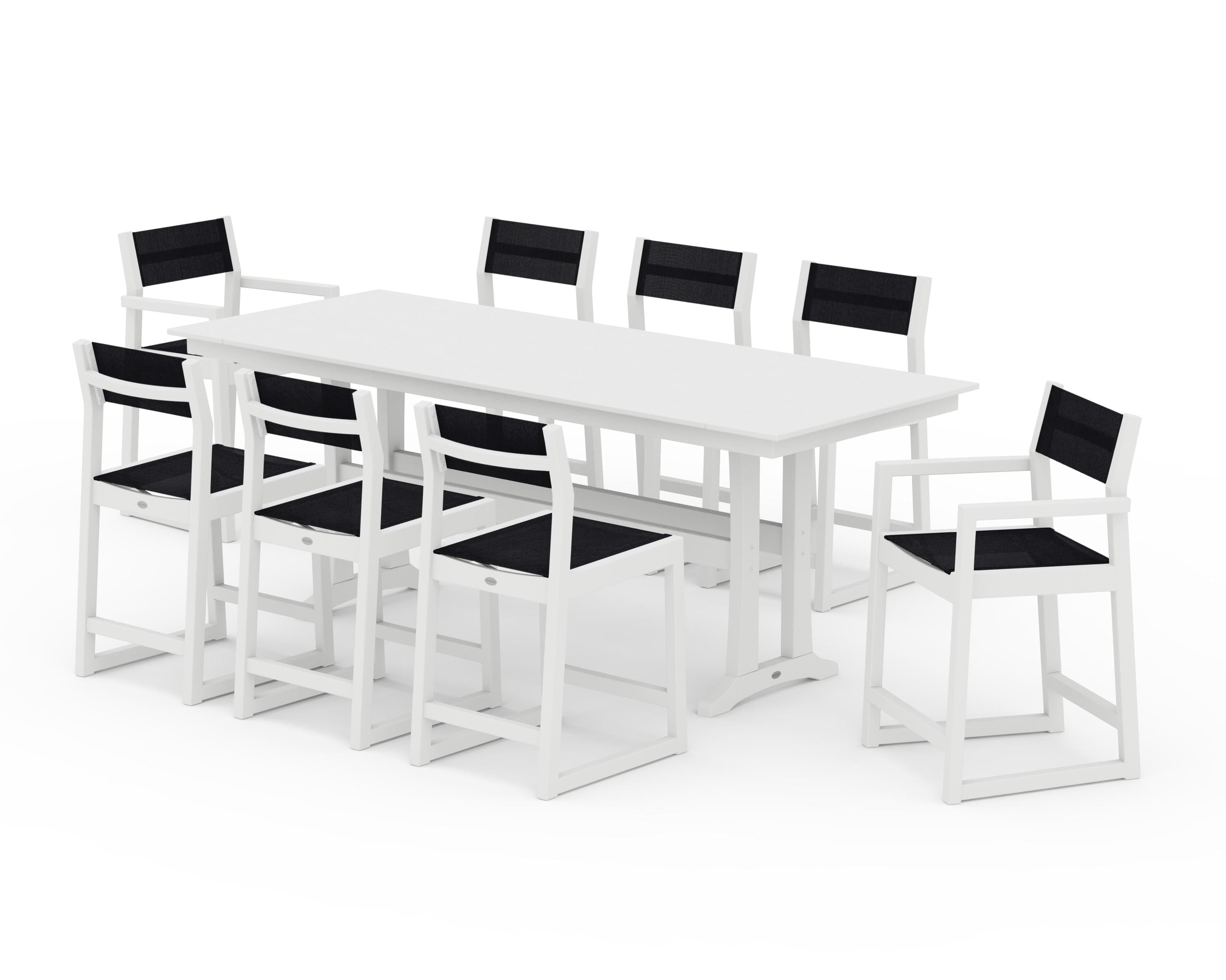 POLYWOOD EDGE Sling 9-Piece Farmhouse Counter Set with Trestle Legs in White / Black Sling
