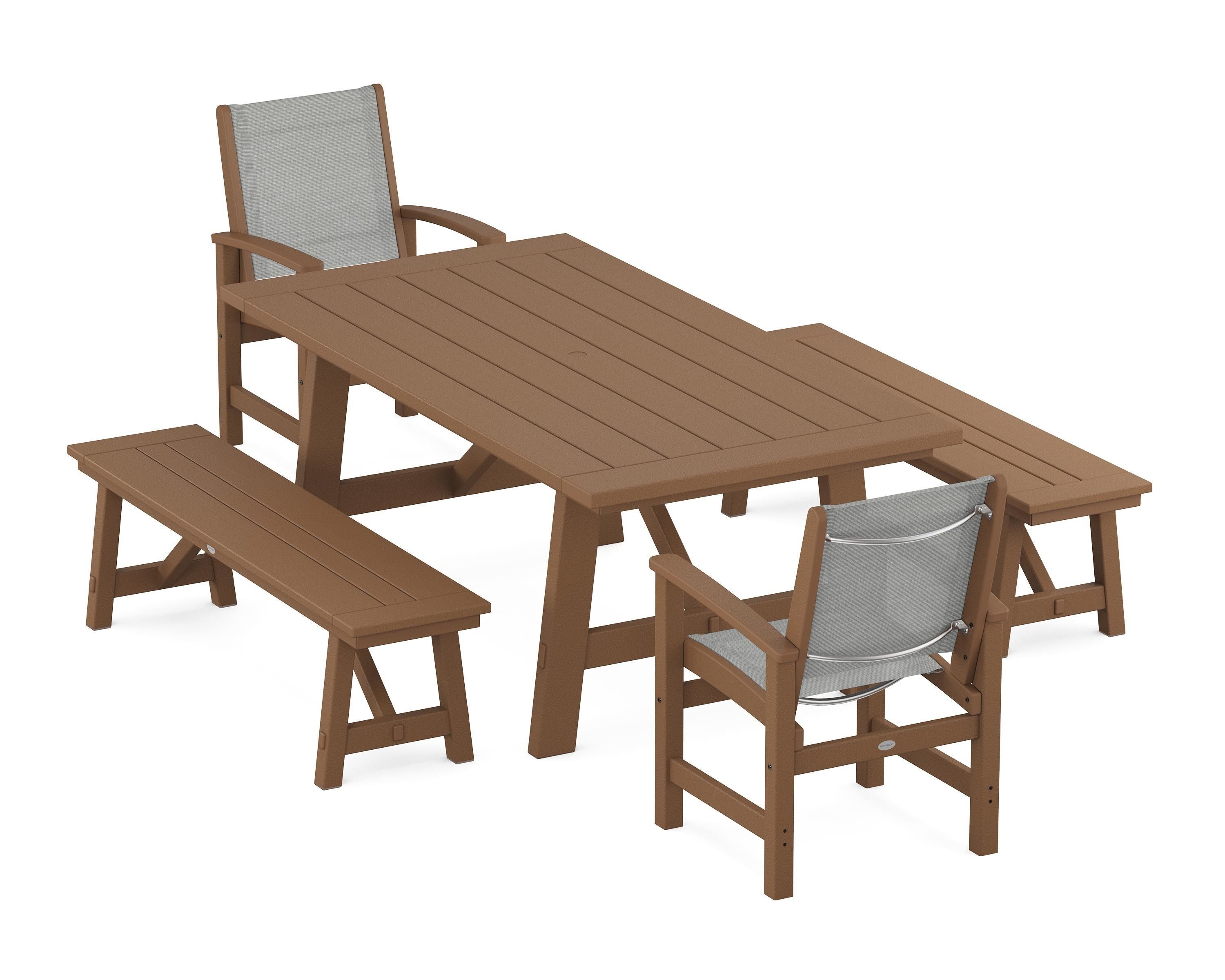 POLYWOOD Coastal 5-Piece Rustic Farmhouse Dining Set With Benches in Teak / Metallic Sling