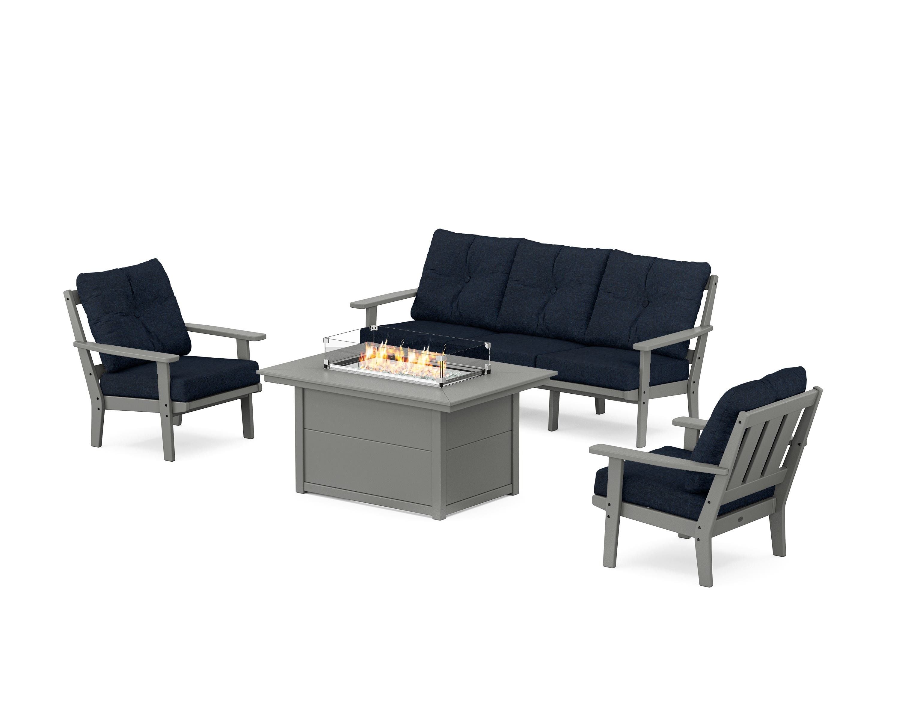 POLYWOOD Oxford Deep Seating Fire Pit Table Set in Slate Grey / Marine Indigo