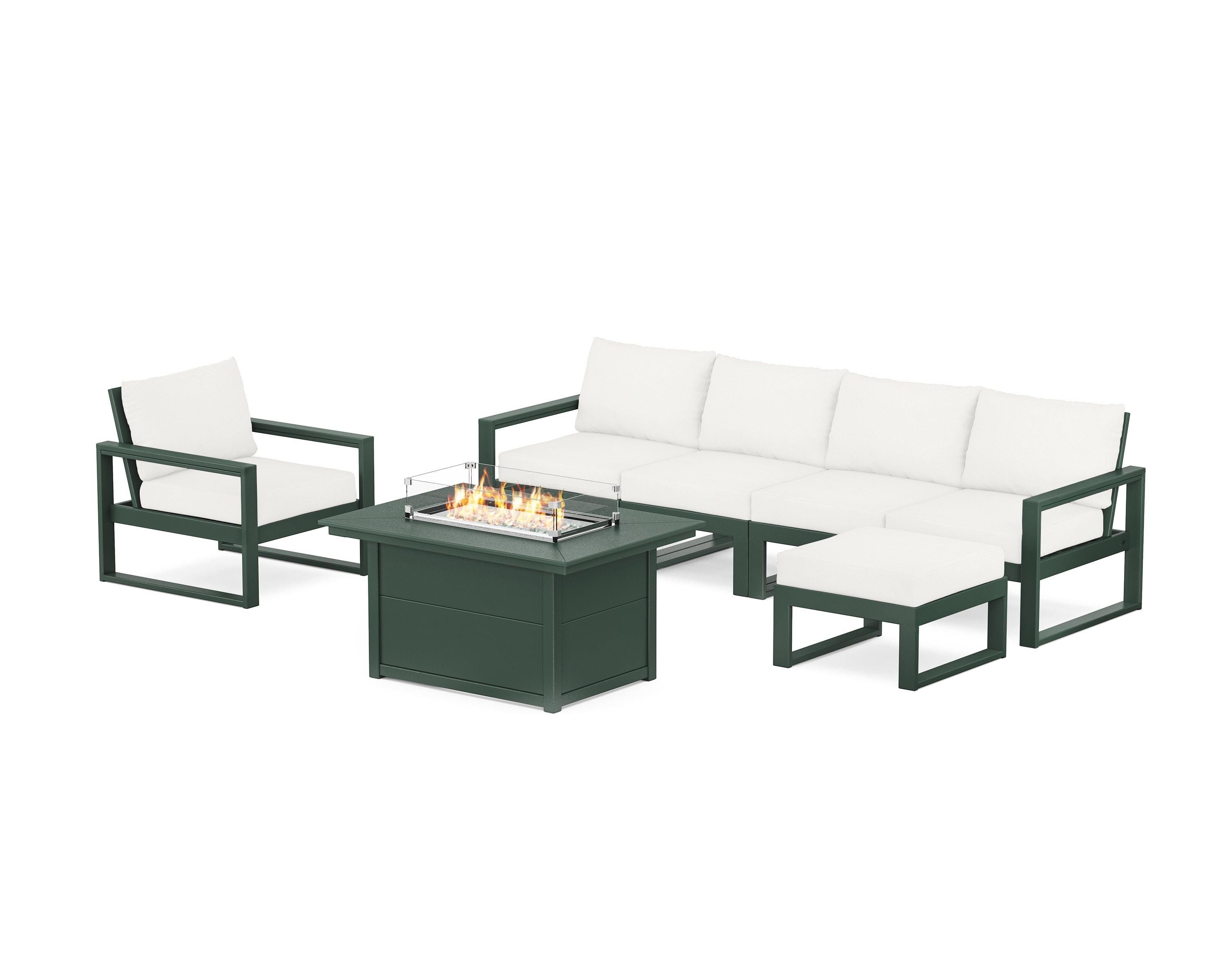 POLYWOOD EDGE Sectional Lounge and Fire Pit Set in Green / Natural Linen