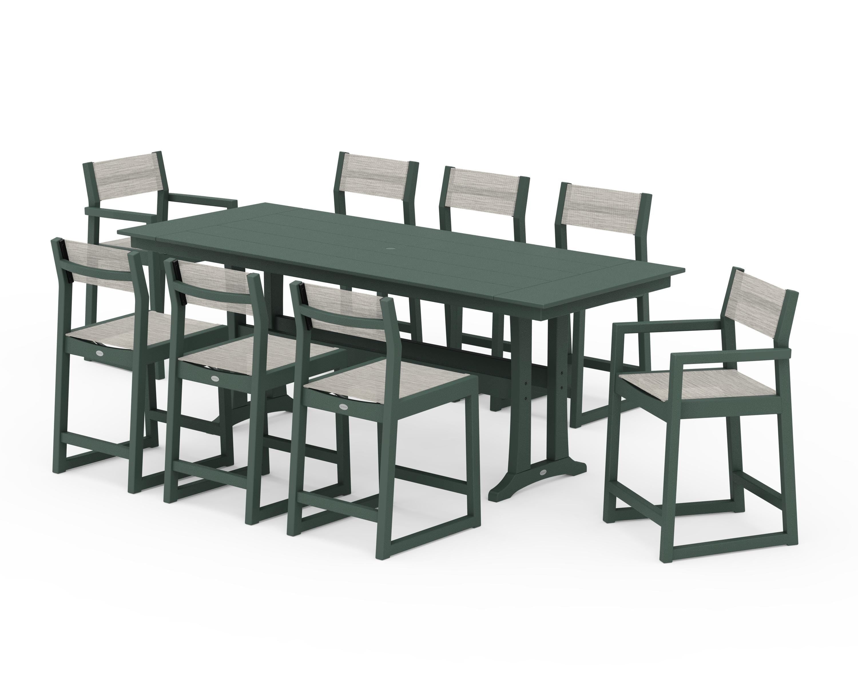 POLYWOOD EDGE Sling 9-Piece Farmhouse Counter Set with Trestle Legs in Green / Birch Sling