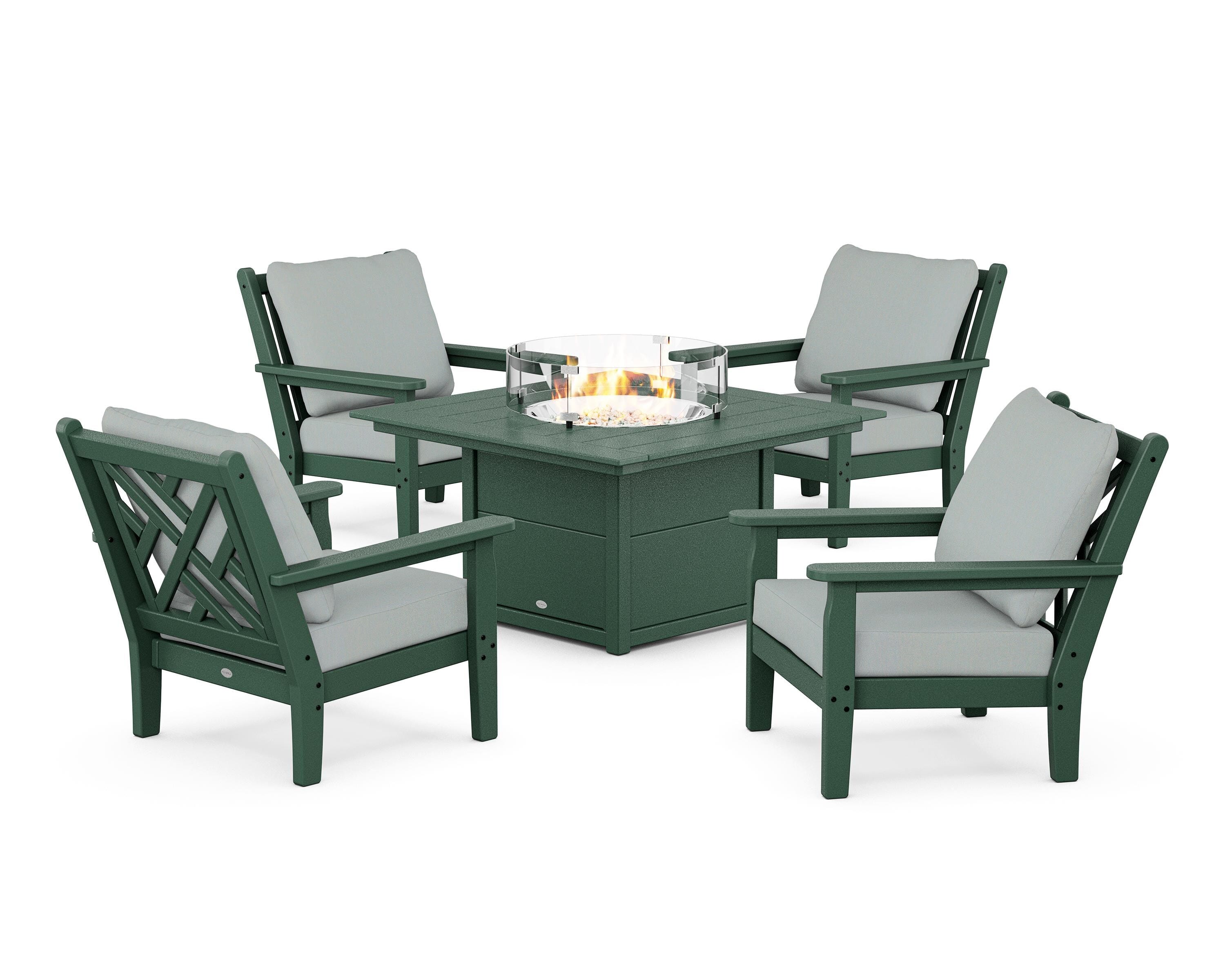 POLYWOOD Chippendale 5-Piece Deep Seating Set with Fire Pit Table in Green / Spa