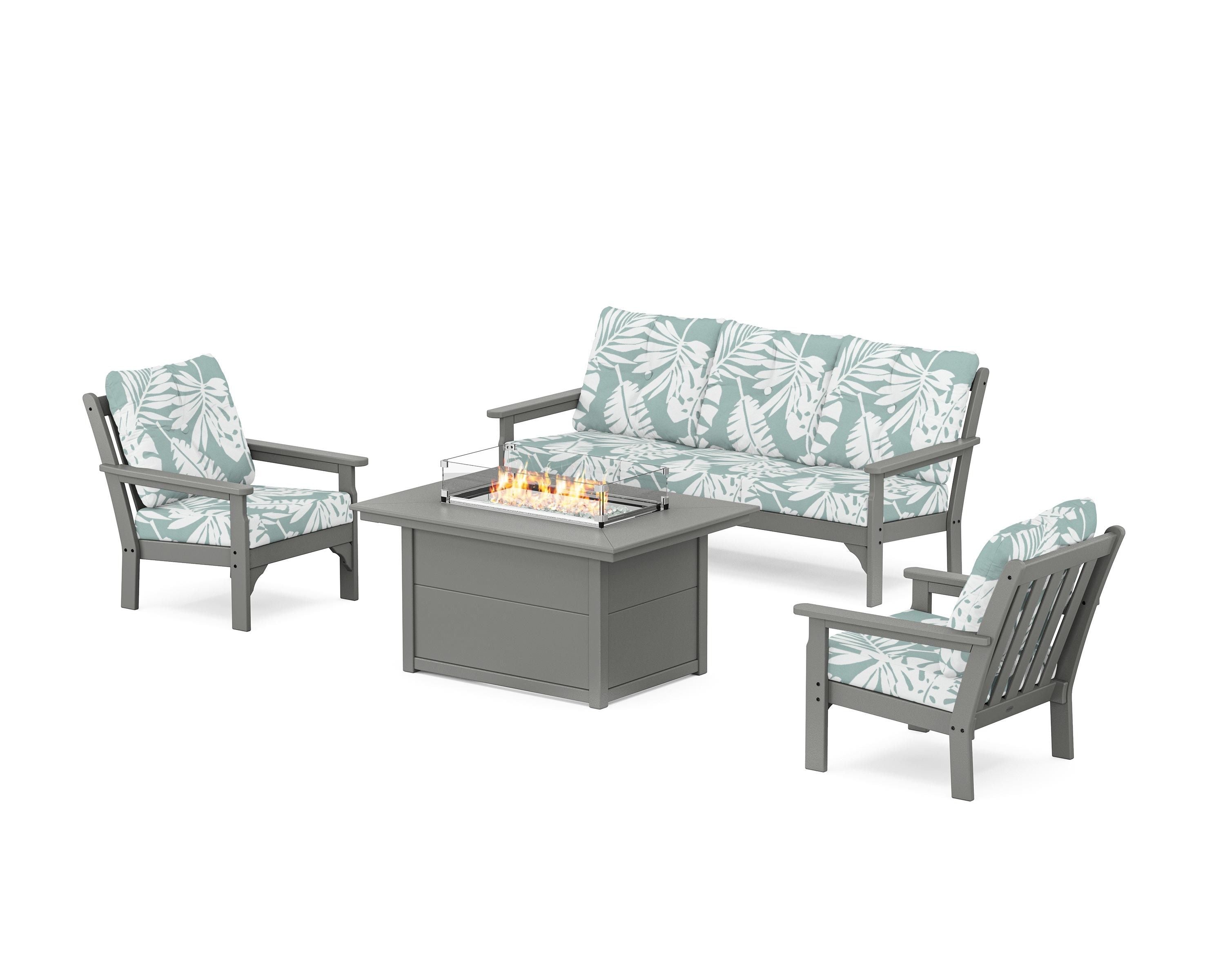 POLYWOOD Vineyard Deep Seating Fire Pit Table Set in Slate Grey / Leaf Glacier Spa