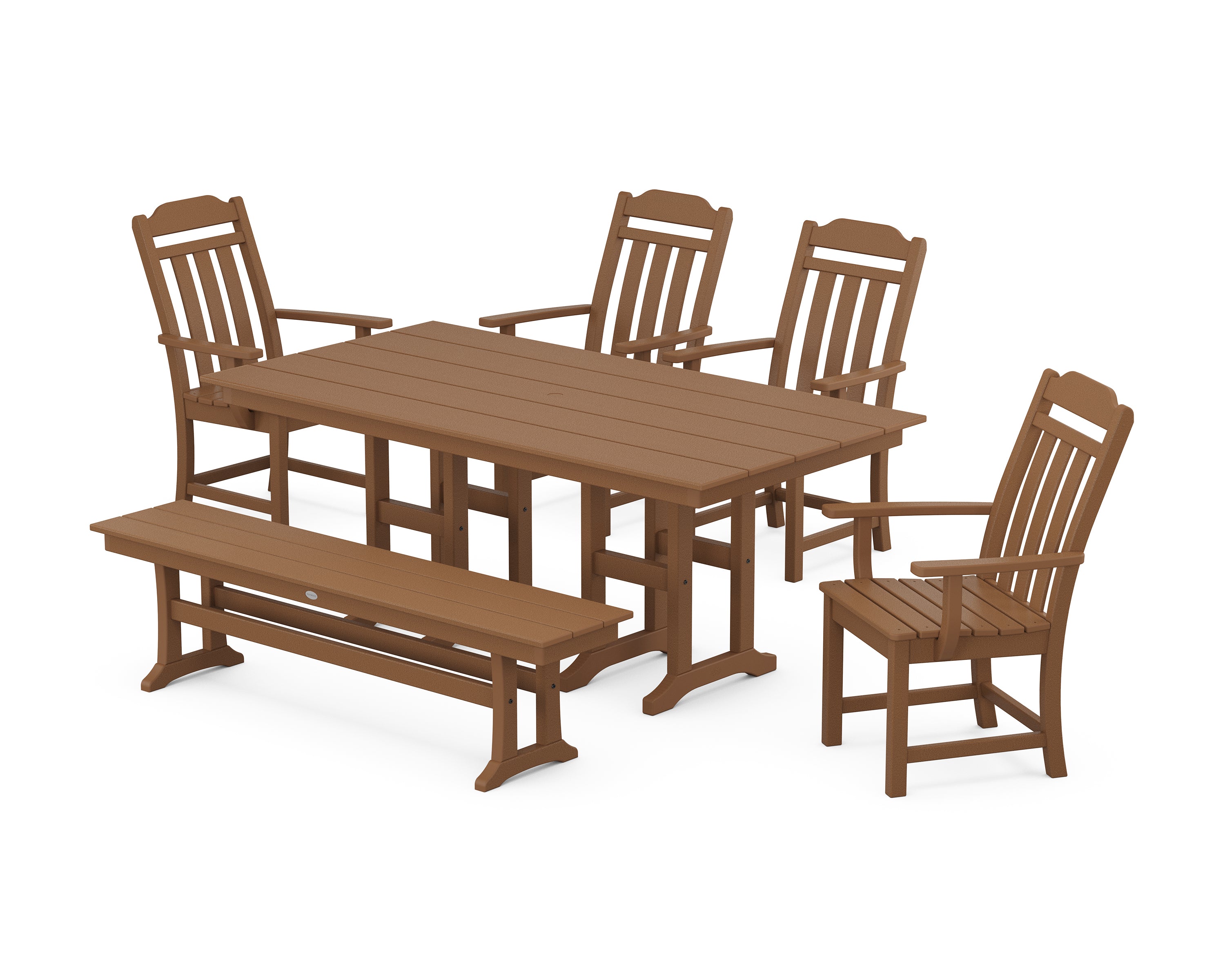 Polywood Country Living 6-Piece Farmhouse Dining Set with Bench in Teak