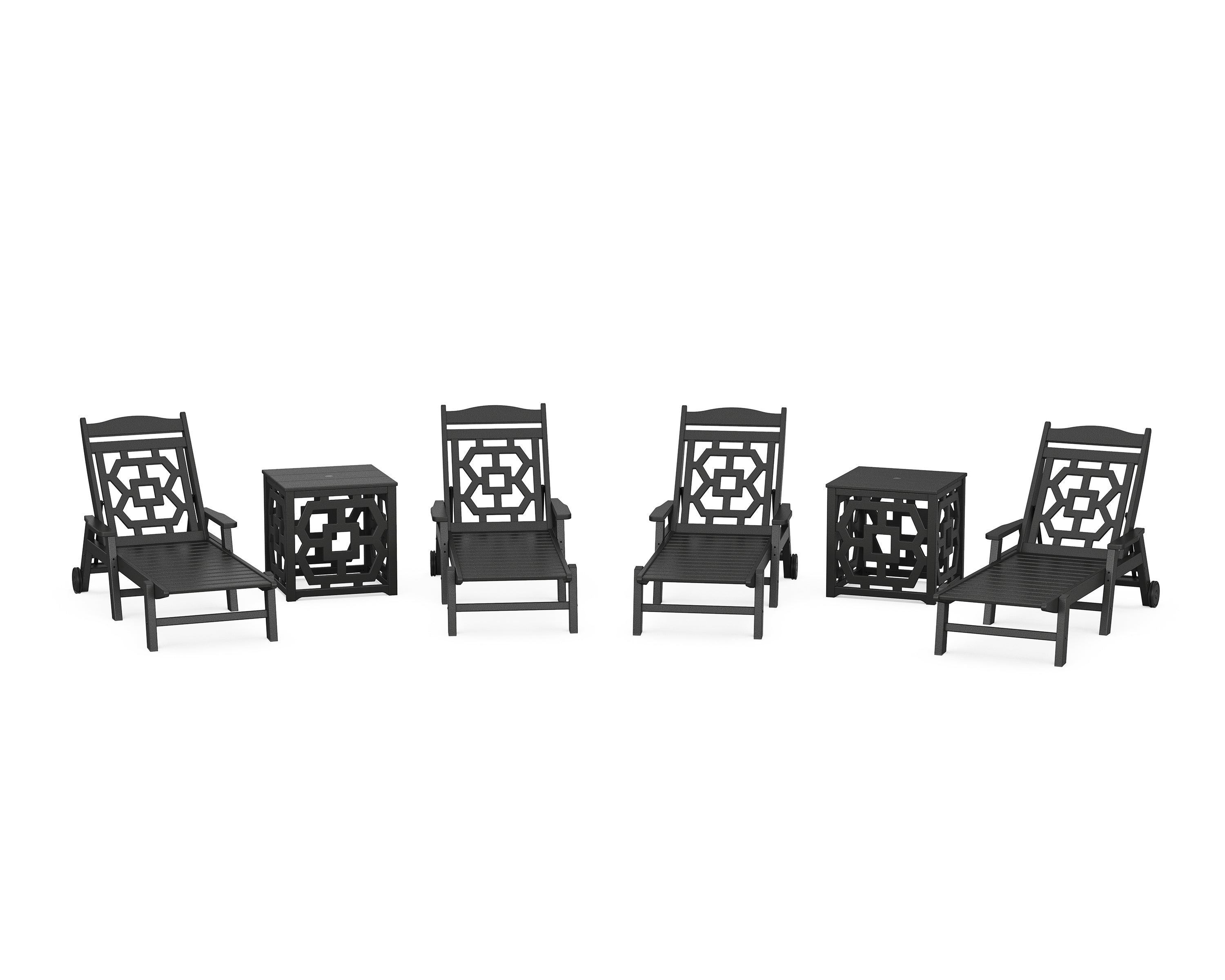 Martha Stewart by POLYWOOD Chinoiserie 6-Piece Chaise Set with Umbrella Stand Accent Table in Black