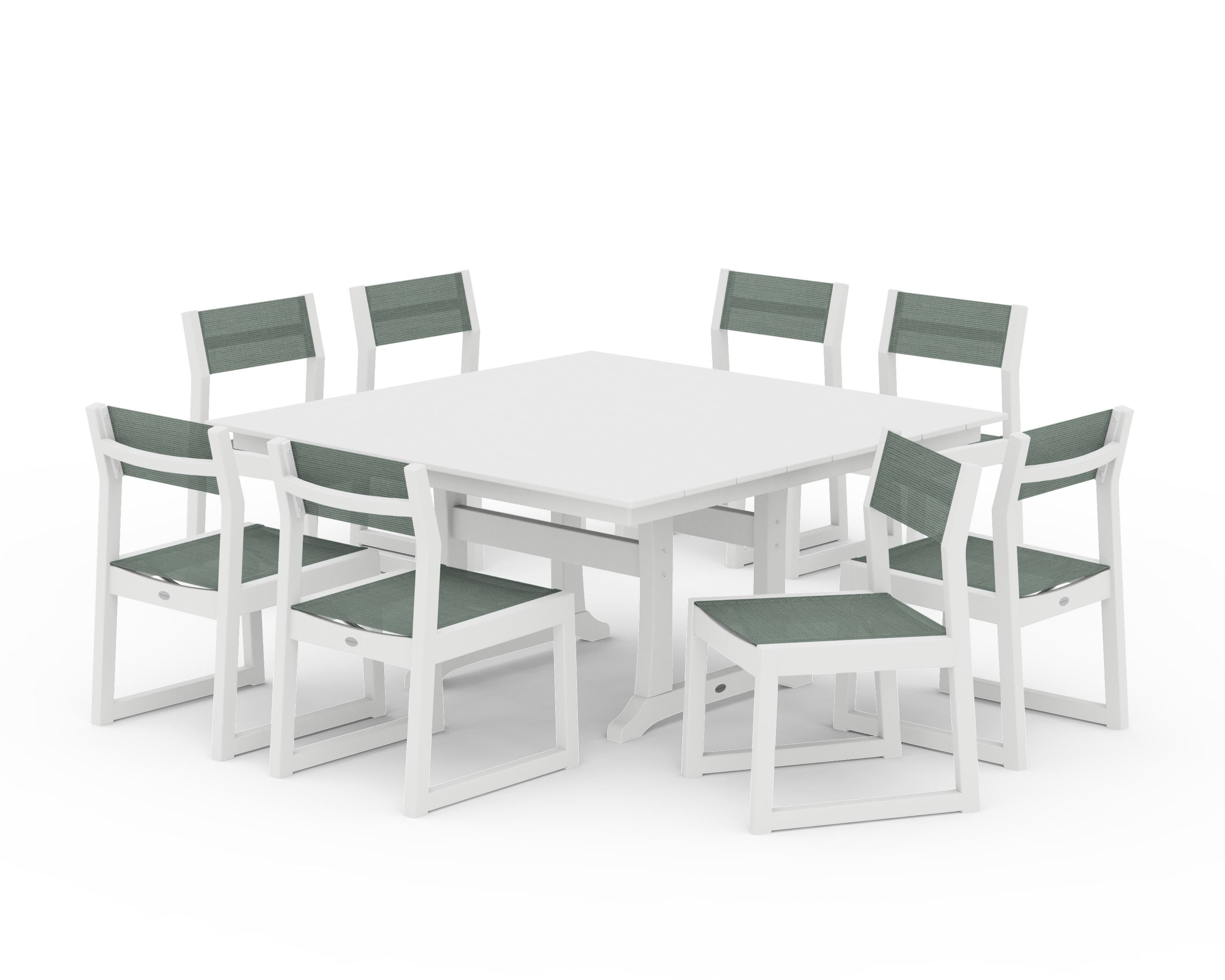 POLYWOOD EDGE Sling Side Chair 9-Piece Farmhouse Trestle Dining Set in White / Dupioni Sea Mist Sling