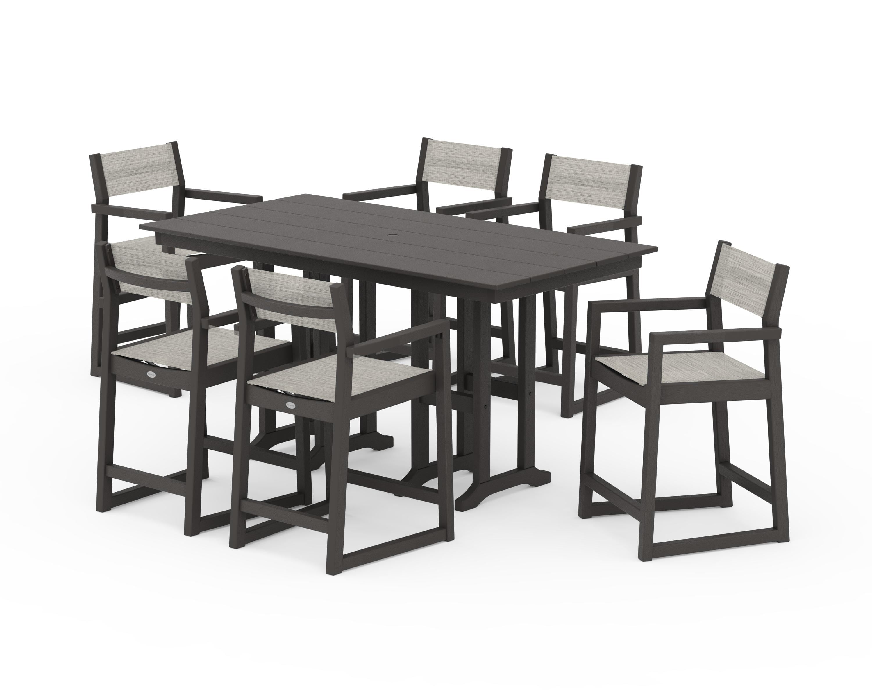 POLYWOOD EDGE Sling Arm Chair 7-Piece Farmhouse Counter Set in Vintage Coffee / Birch Sling