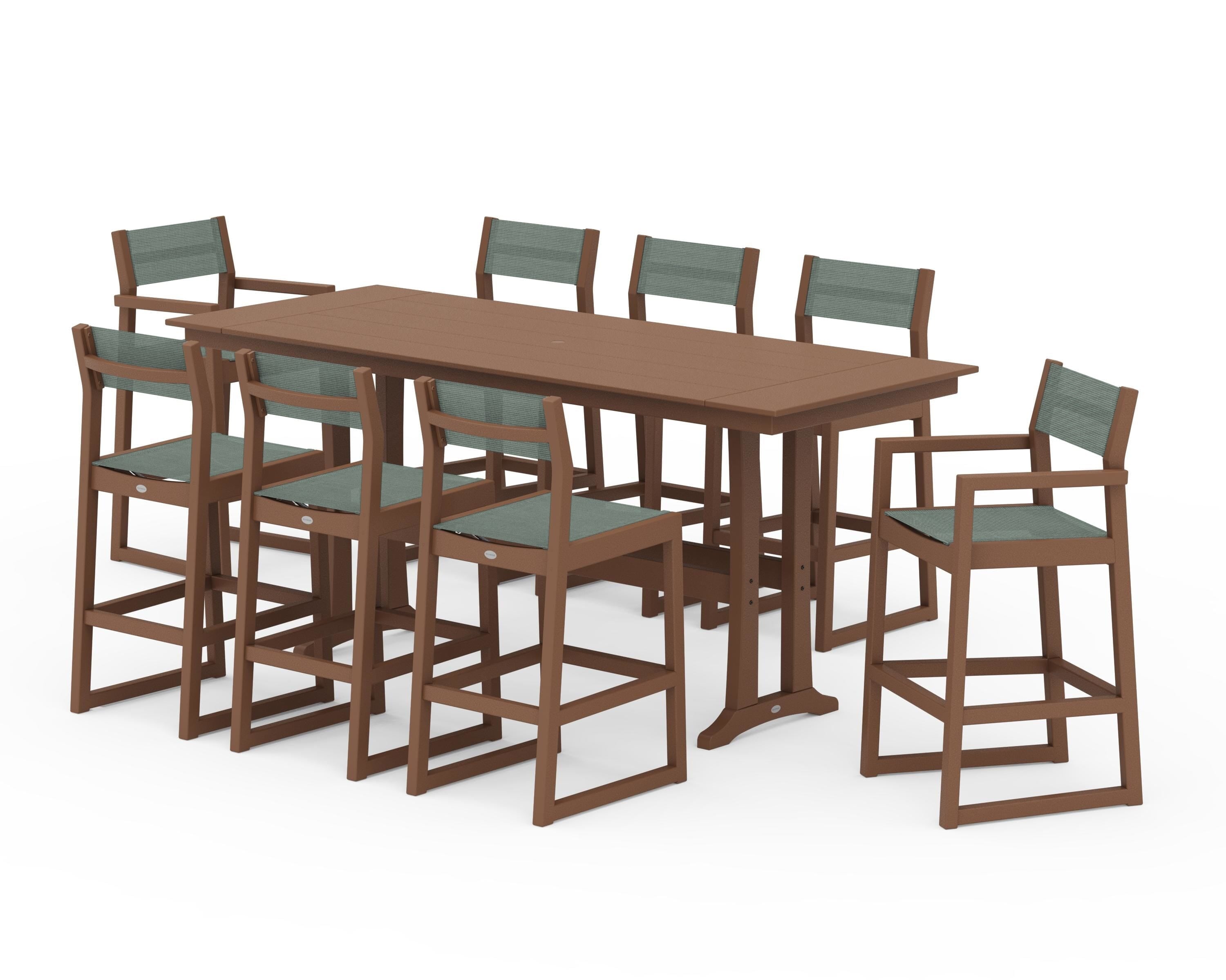 POLYWOOD EDGE Sling 9-Piece Farmhouse Bar Set with Trestle Legs in Teak / Dupioni Sea Mist Sling