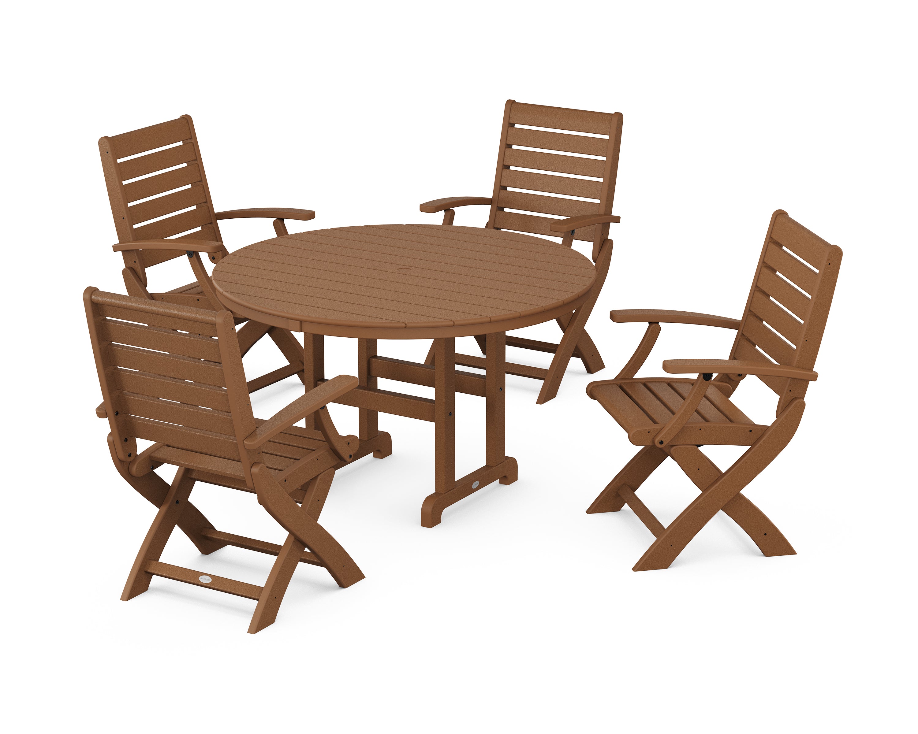 POLYWOOD® Signature Folding Chair 5-Piece Round Farmhouse Dining Set in Teak