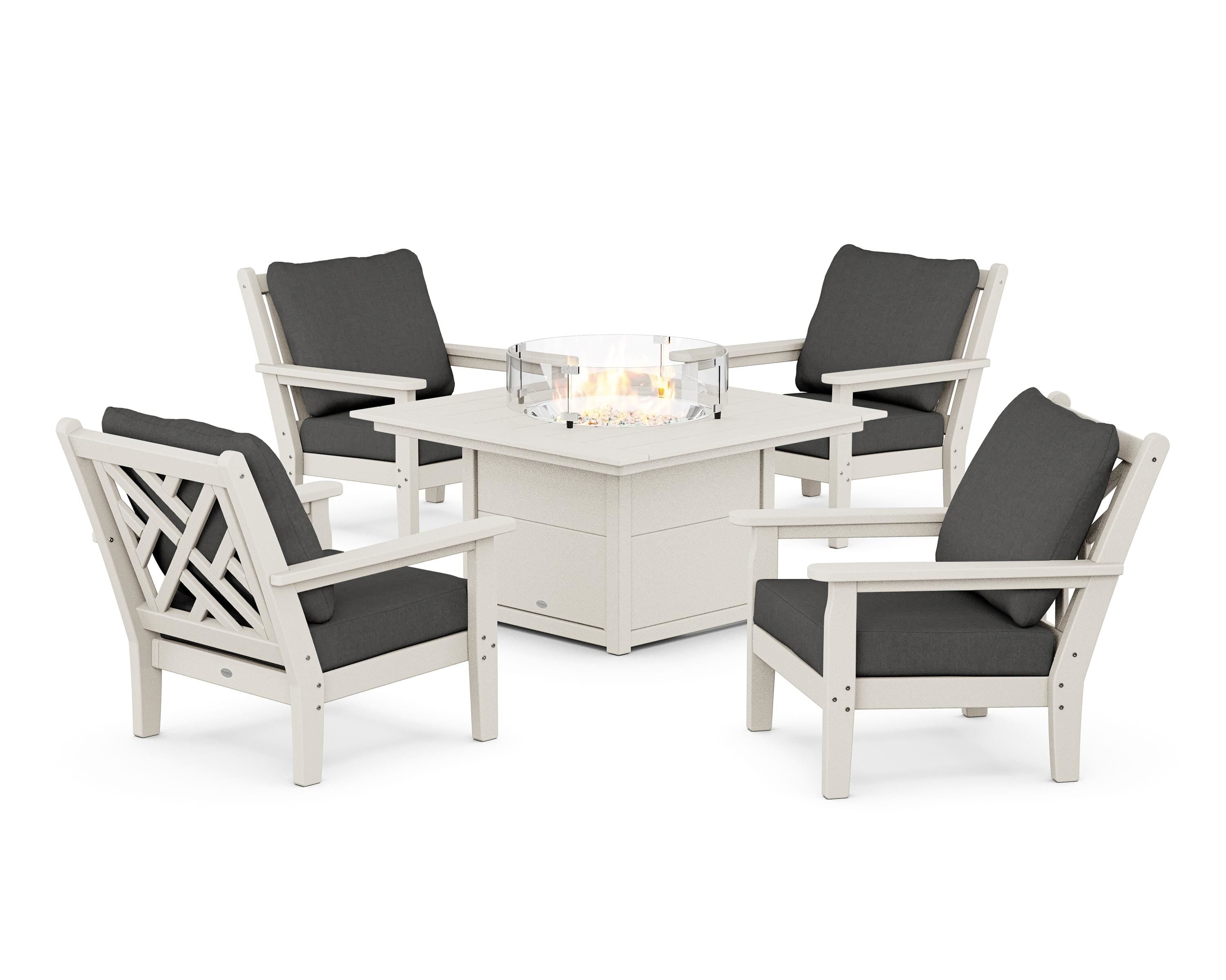 POLYWOOD Chippendale 5-Piece Deep Seating Set with Fire Pit Table in Sand / Spectrum Carbon