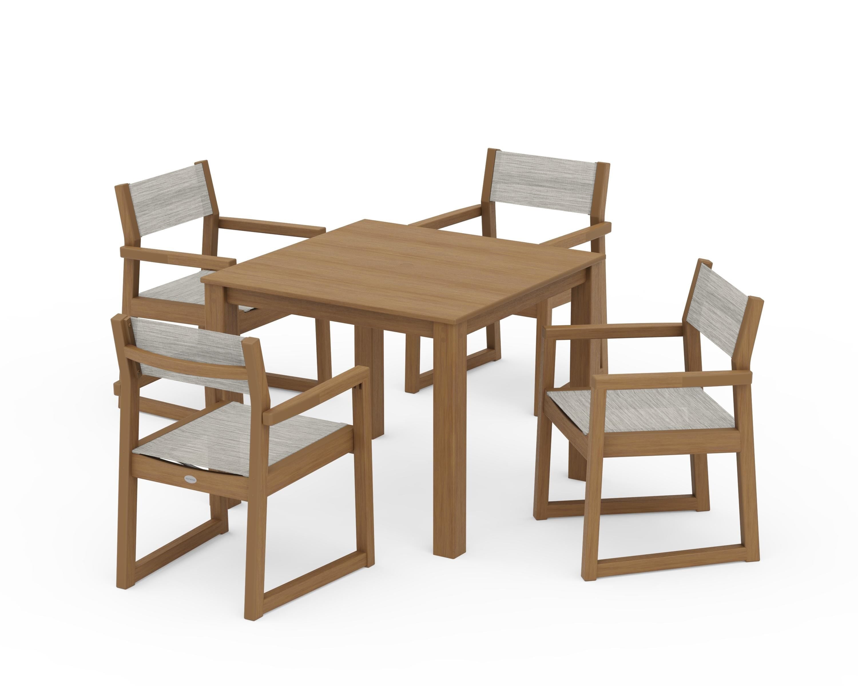 POLYWOOD EDGE Sling Arm Chair 5-Piece Parsons Dining Set in Natural / Birch Sling