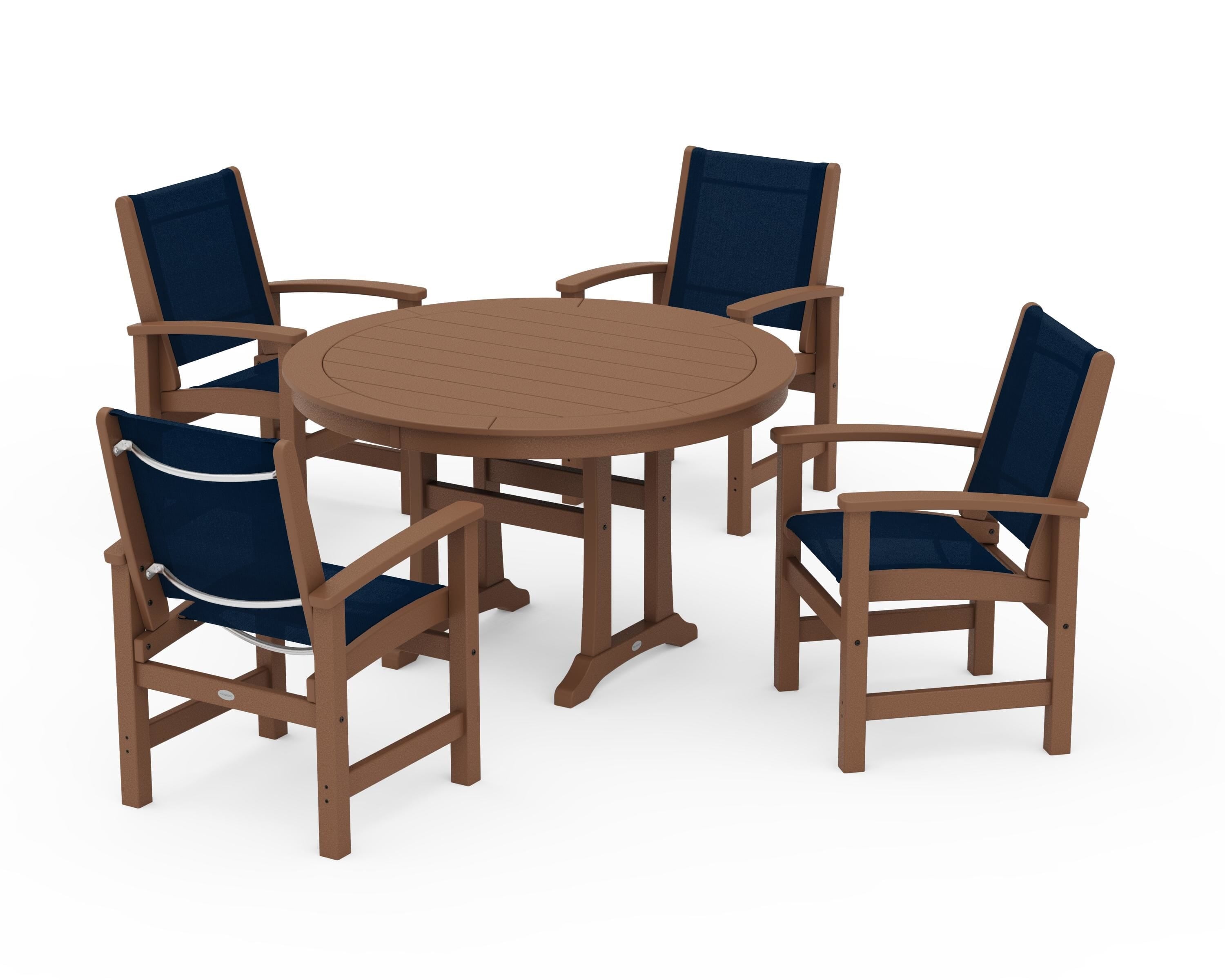 POLYWOOD Coastal 5-Piece Round Dining Set with Trestle Legs in Teak / Navy Blue Sling