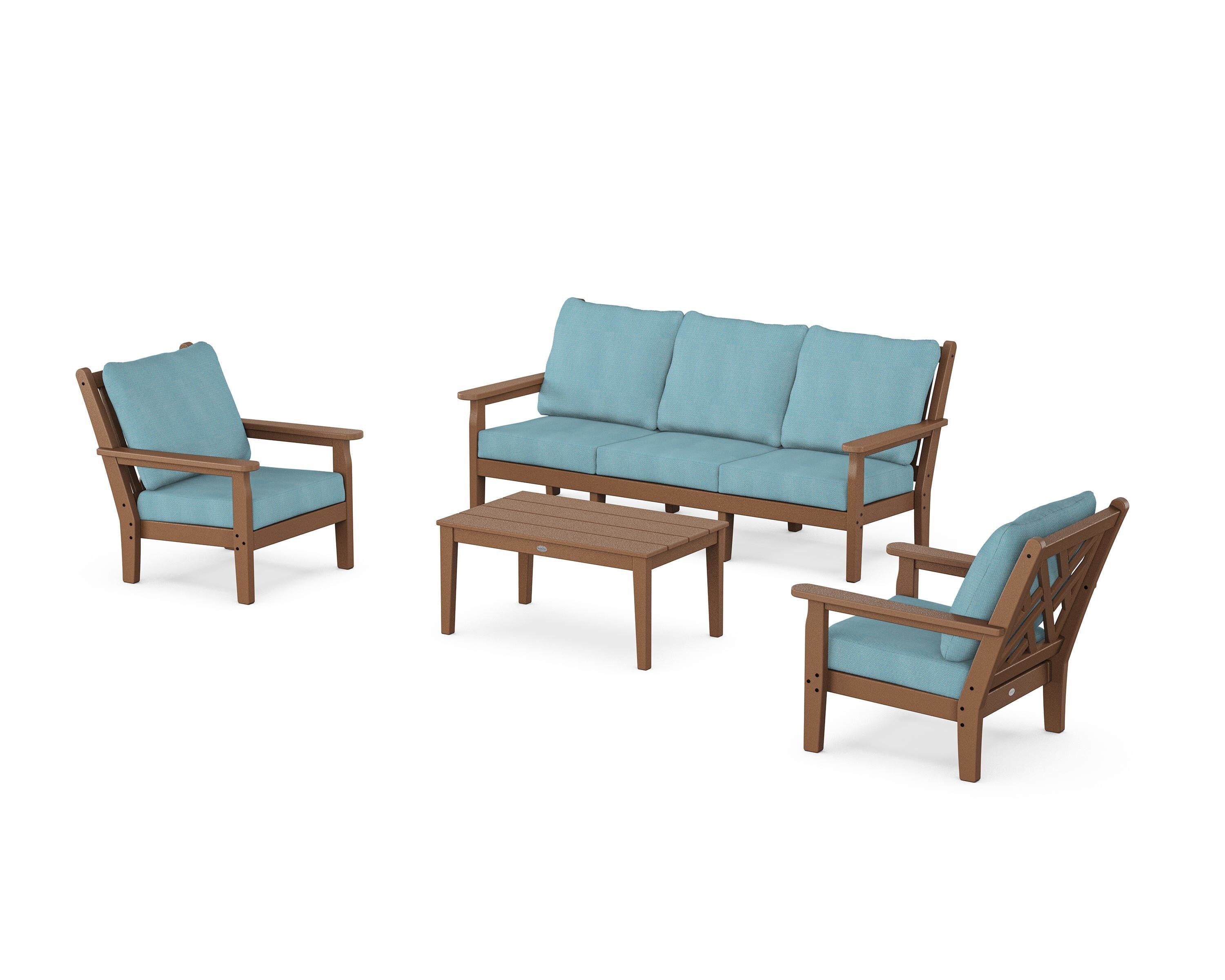 POLYWOOD Chippendale 4-Piece Deep Seating Set with Sofa in Teak / Lattice Sky Blue