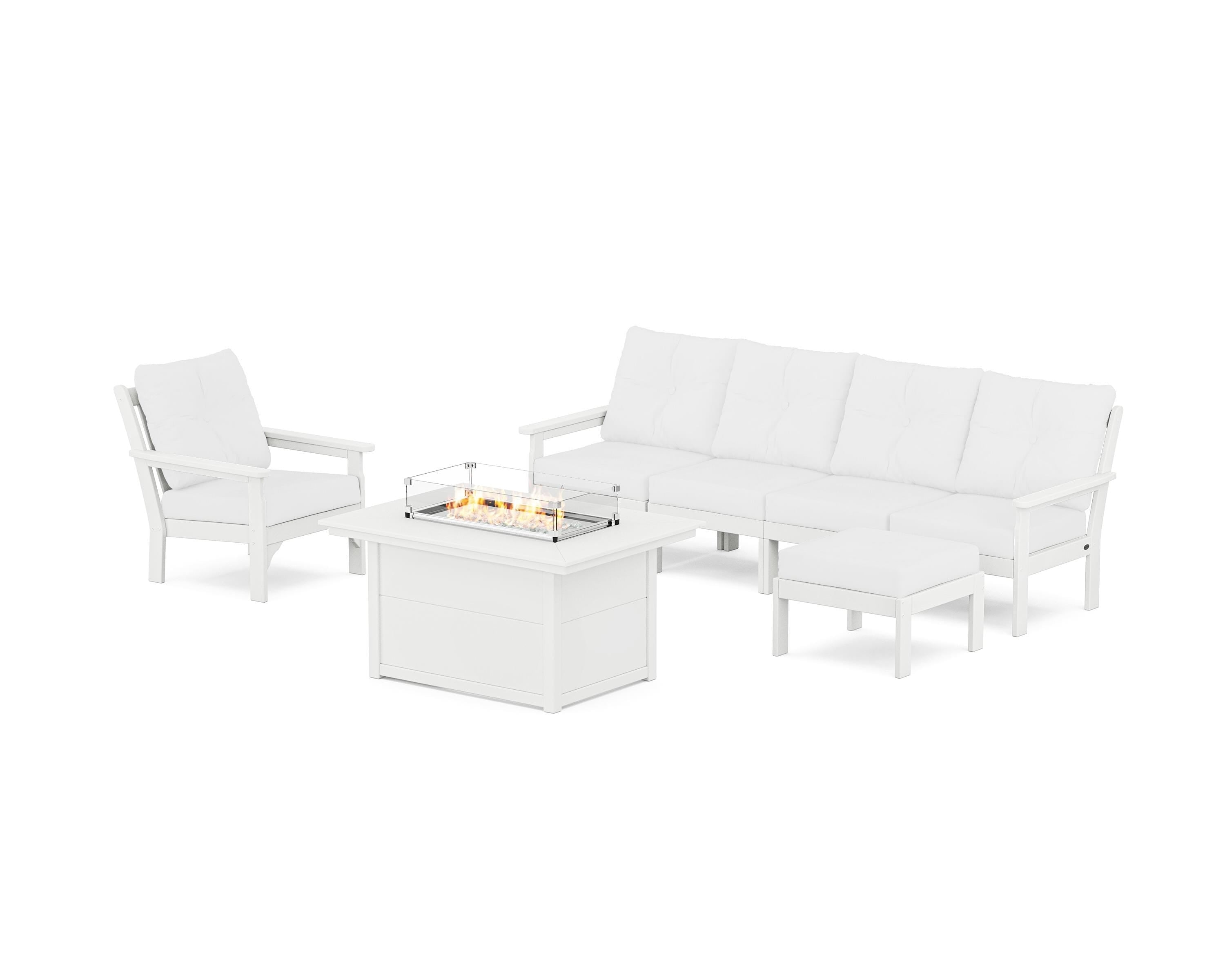 POLYWOOD Vineyard Sectional Lounge and Fire Pit Set in White / Natural