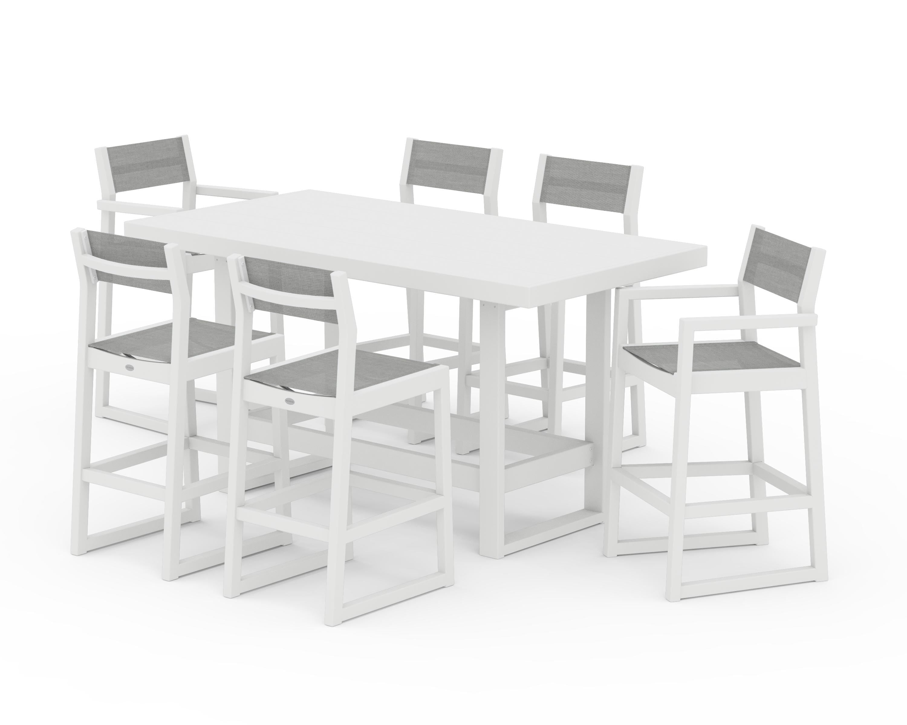POLYWOOD EDGE Sling 7-Piece Bar Table Set in White / Metallic Sling