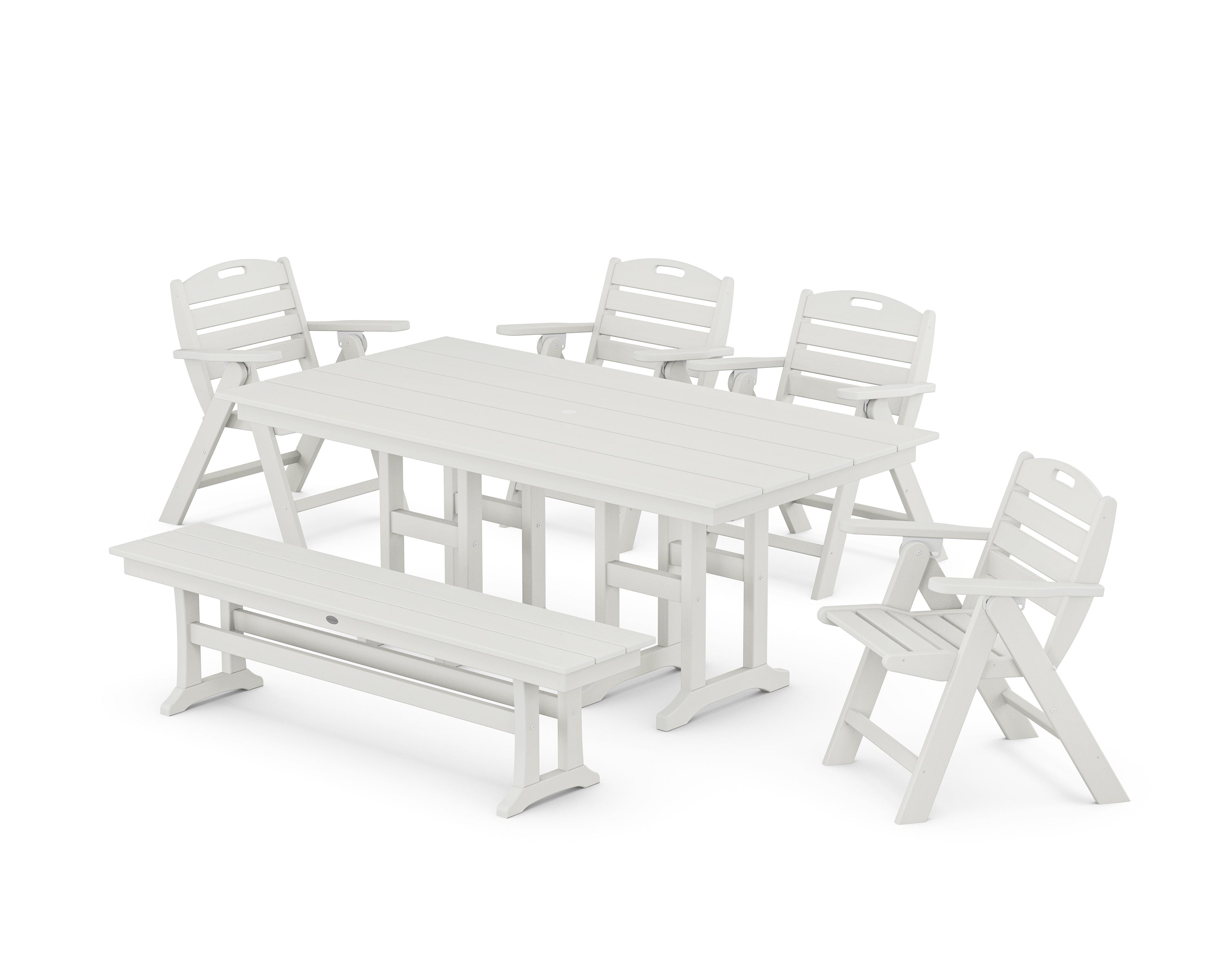 POLYWOOD Nautical Lowback 6-Piece Farmhouse Dining Set with Bench in Vintage White