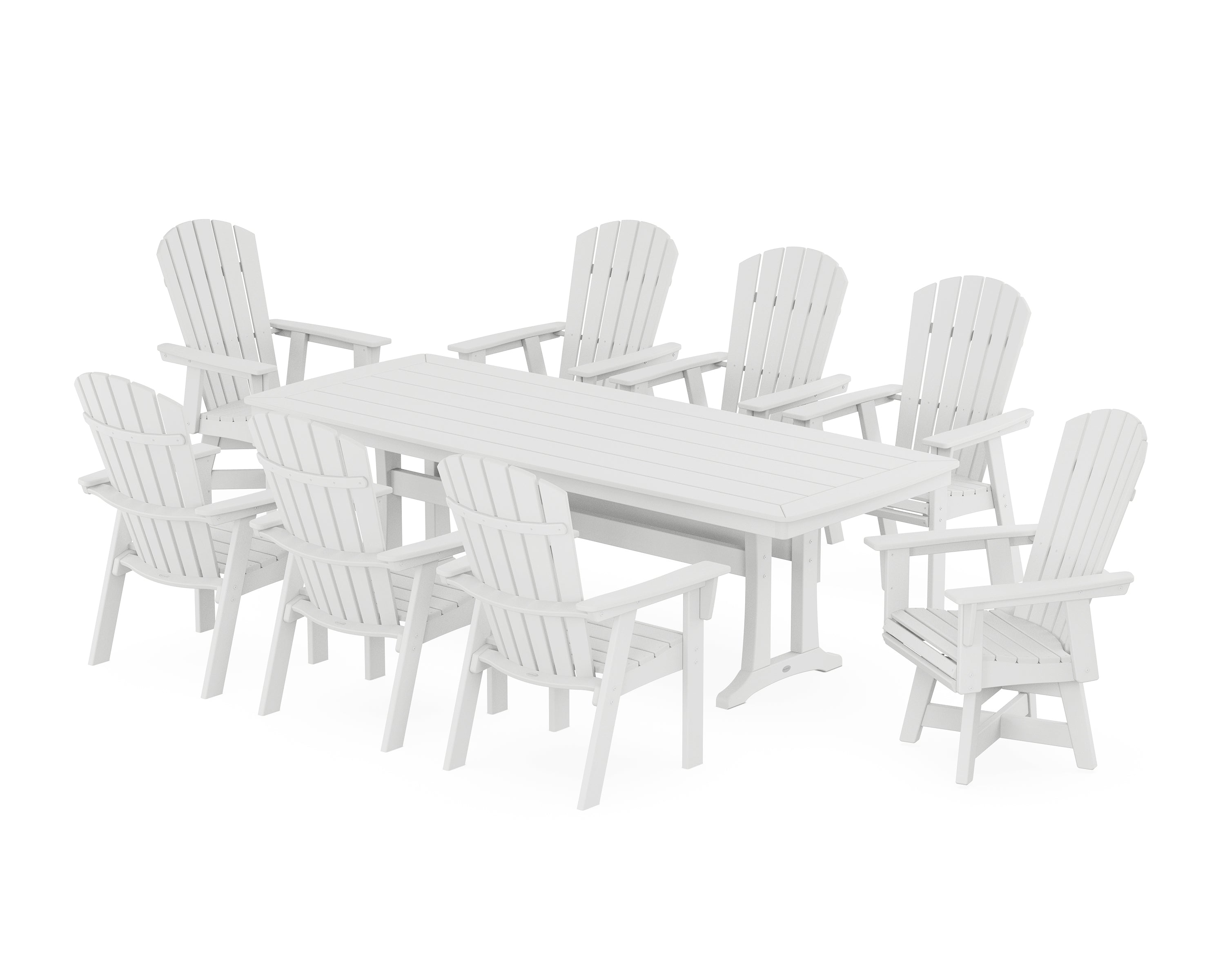 POLYWOOD® Nautical Curveback Adirondack Swivel 9-Piece Dining Set with Trestle Legs in White