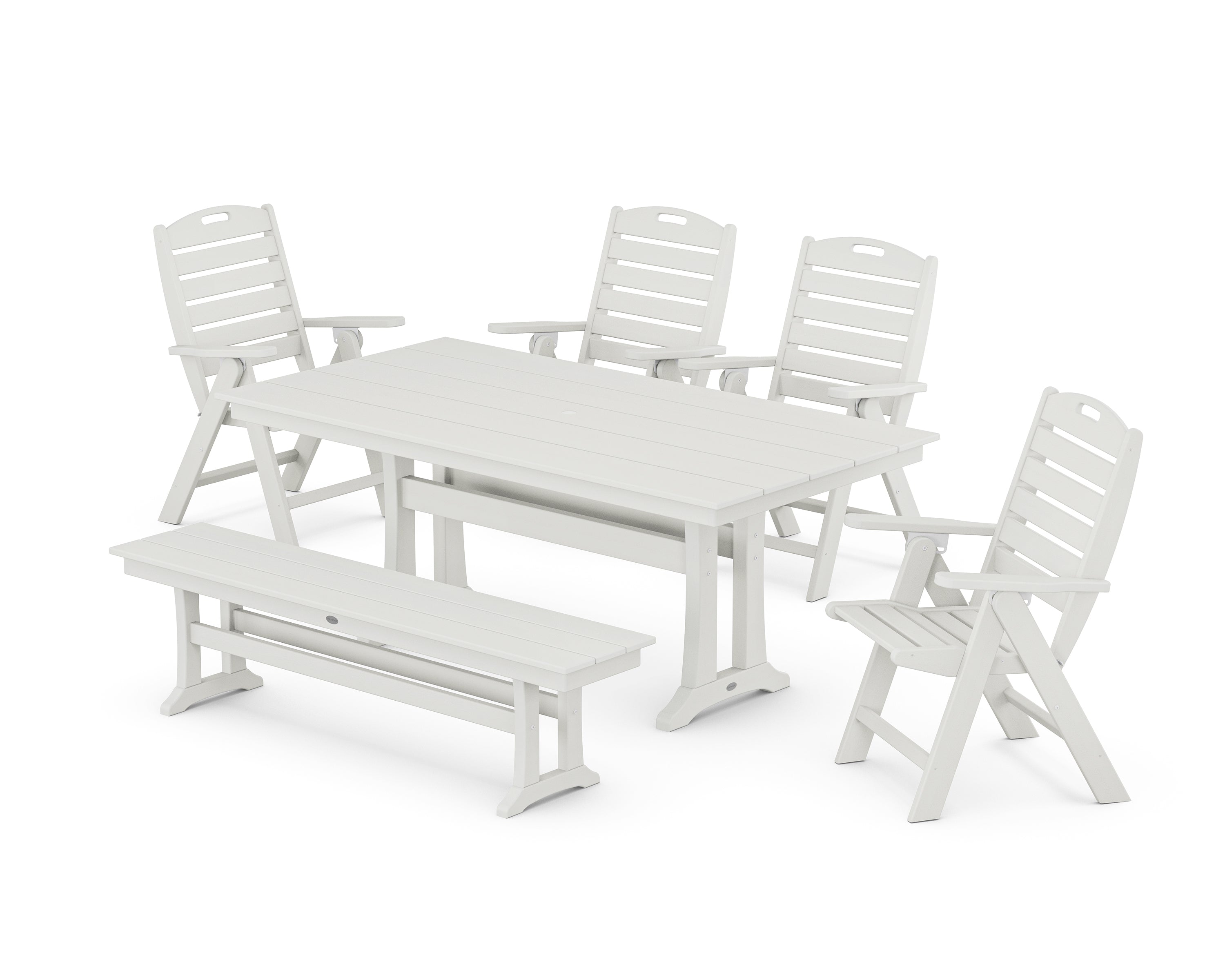POLYWOOD Nautical Highback 6-Piece Farmhouse Dining Set with Trestle Legs and Bench in Vintage White