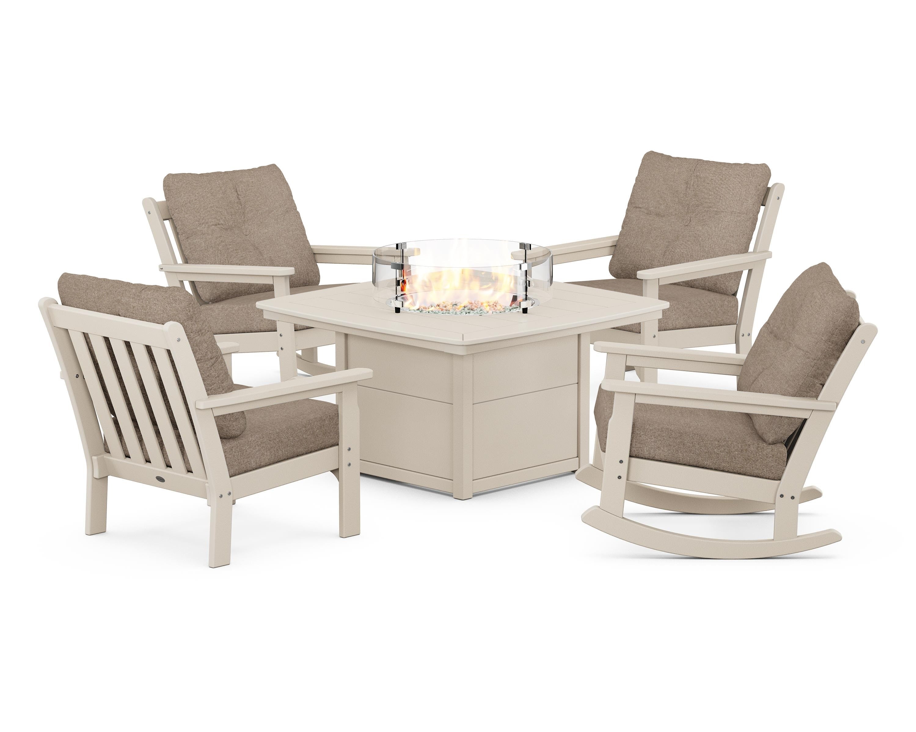POLYWOOD Vineyard 5-Piece Deep Seating Rocking Chair Conversation Set with Fire Pit Table in Sand / Spiced Burlap
