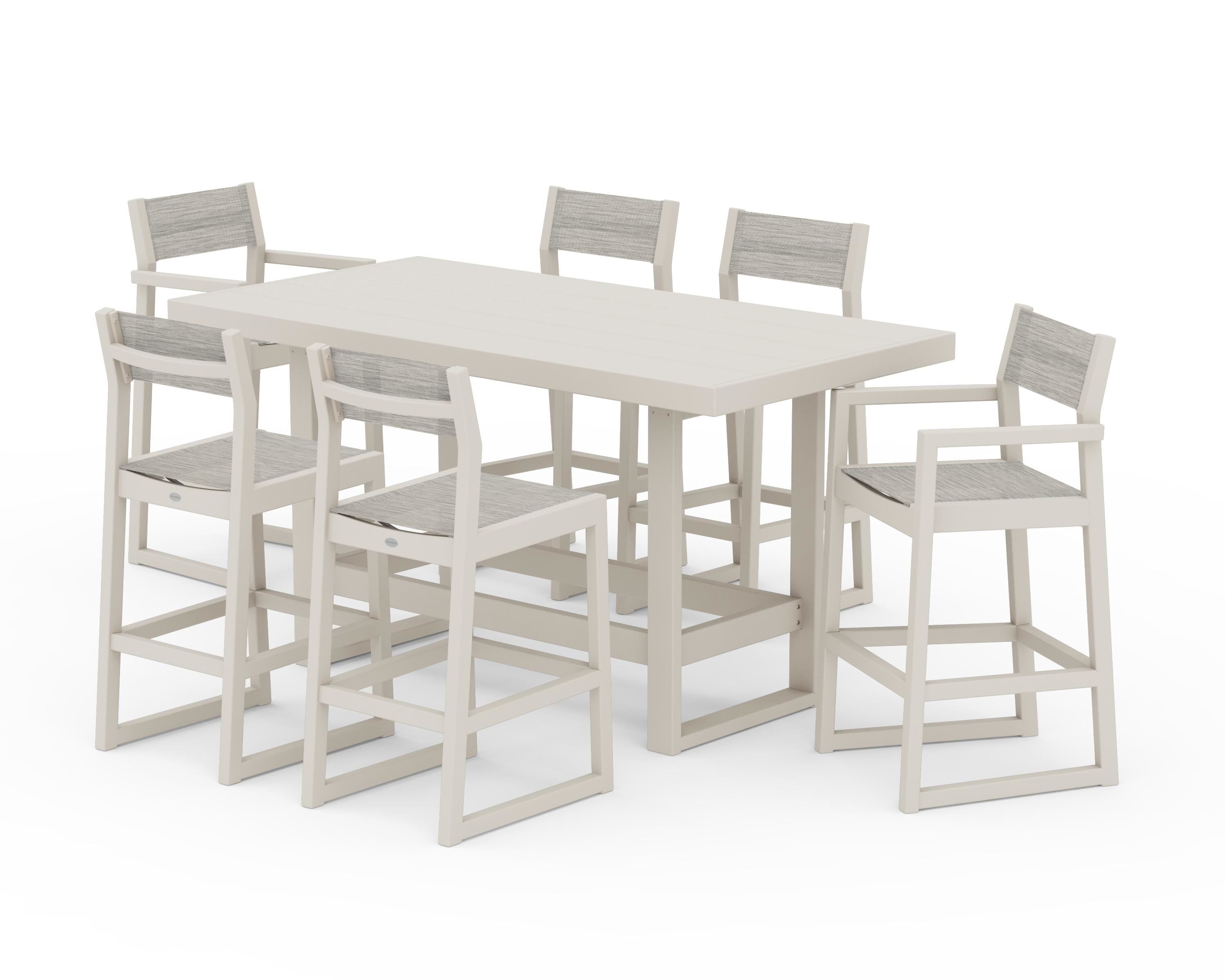 POLYWOOD EDGE Sling 7-Piece Bar Table Set in Sand / Birch Sling