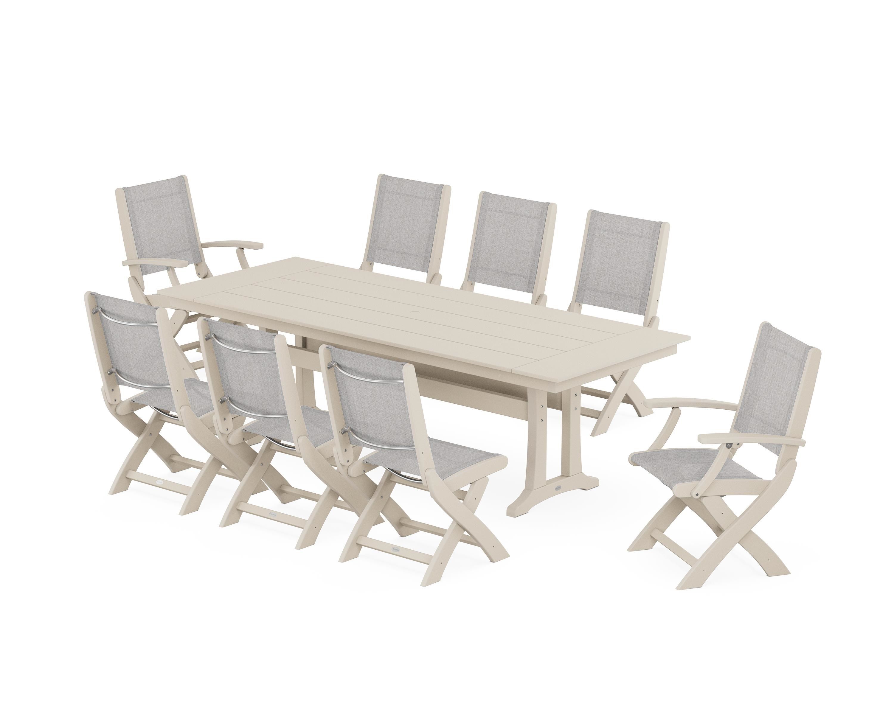 POLYWOOD Coastal 9-Piece Folding Dining Chair Farmhouse Dining Set with Trestle Legs in Sand / Parchment Sling