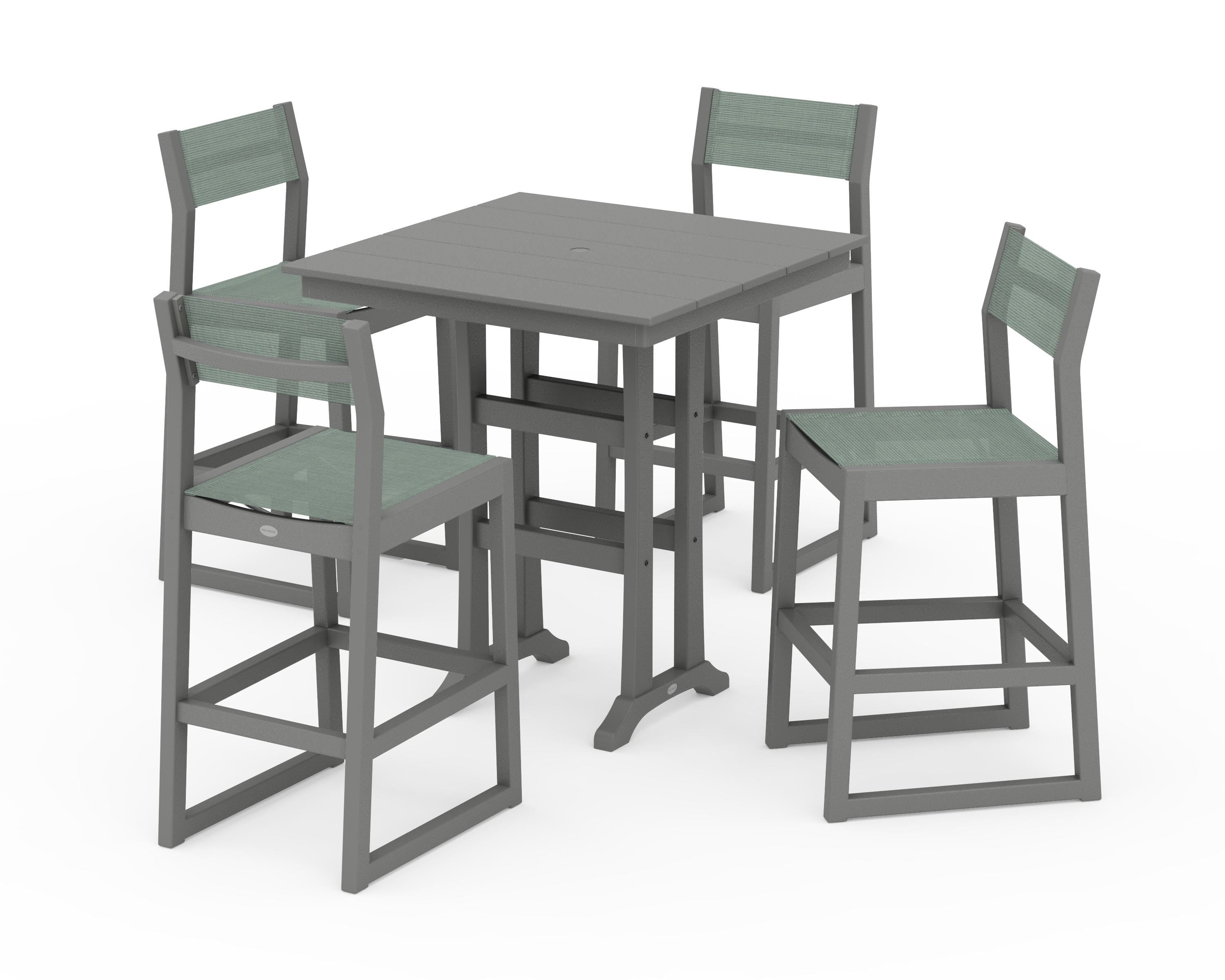POLYWOOD EDGE Sling Arm Chair 5-Piece Farmhouse Bar Set with Trestle Legs in Slate Grey / Dupioni Sea Mist Sling