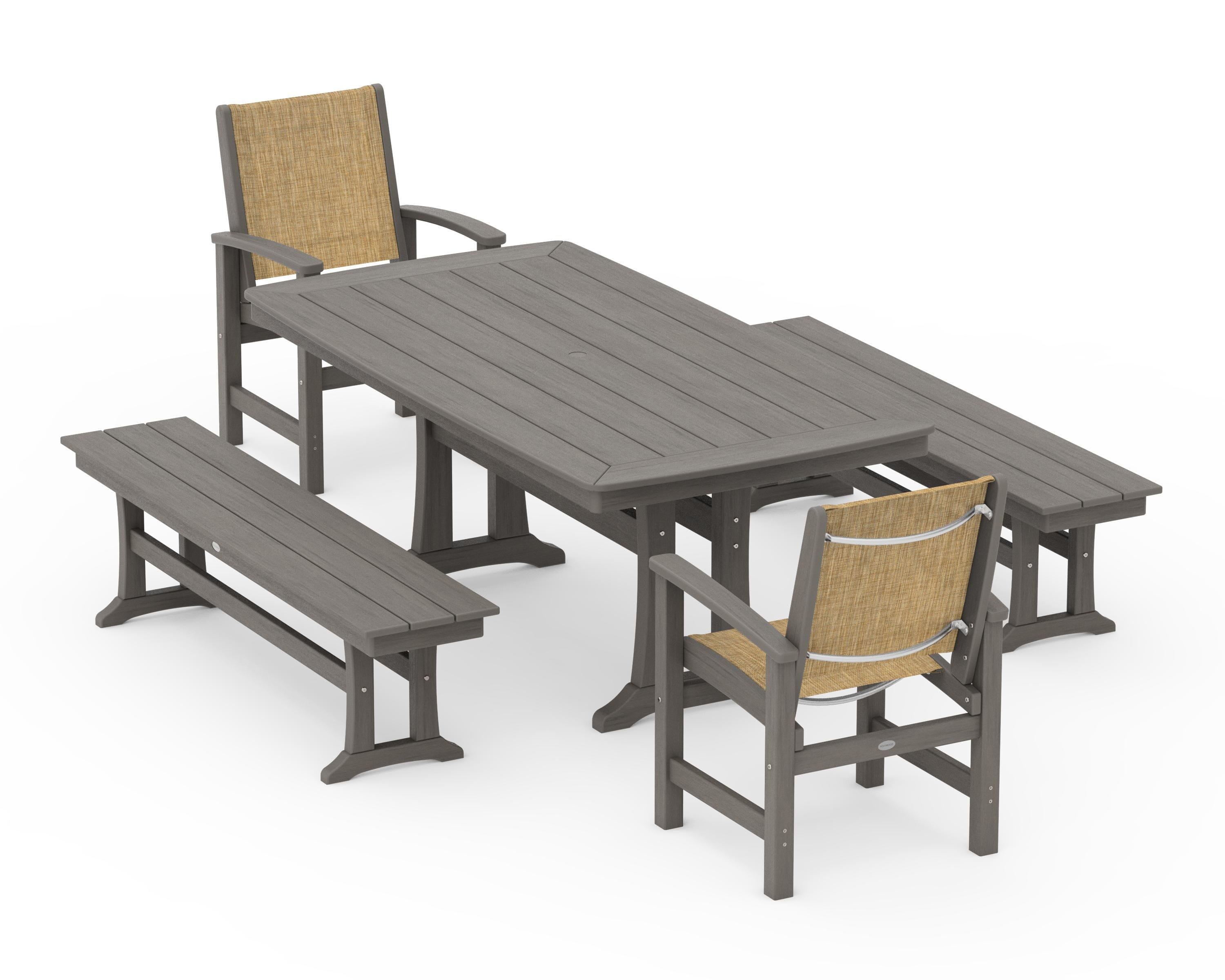 POLYWOOD Coastal 5-Piece Dining Set with Trestle Legs and Benches in Driftwood / Burlap Sling