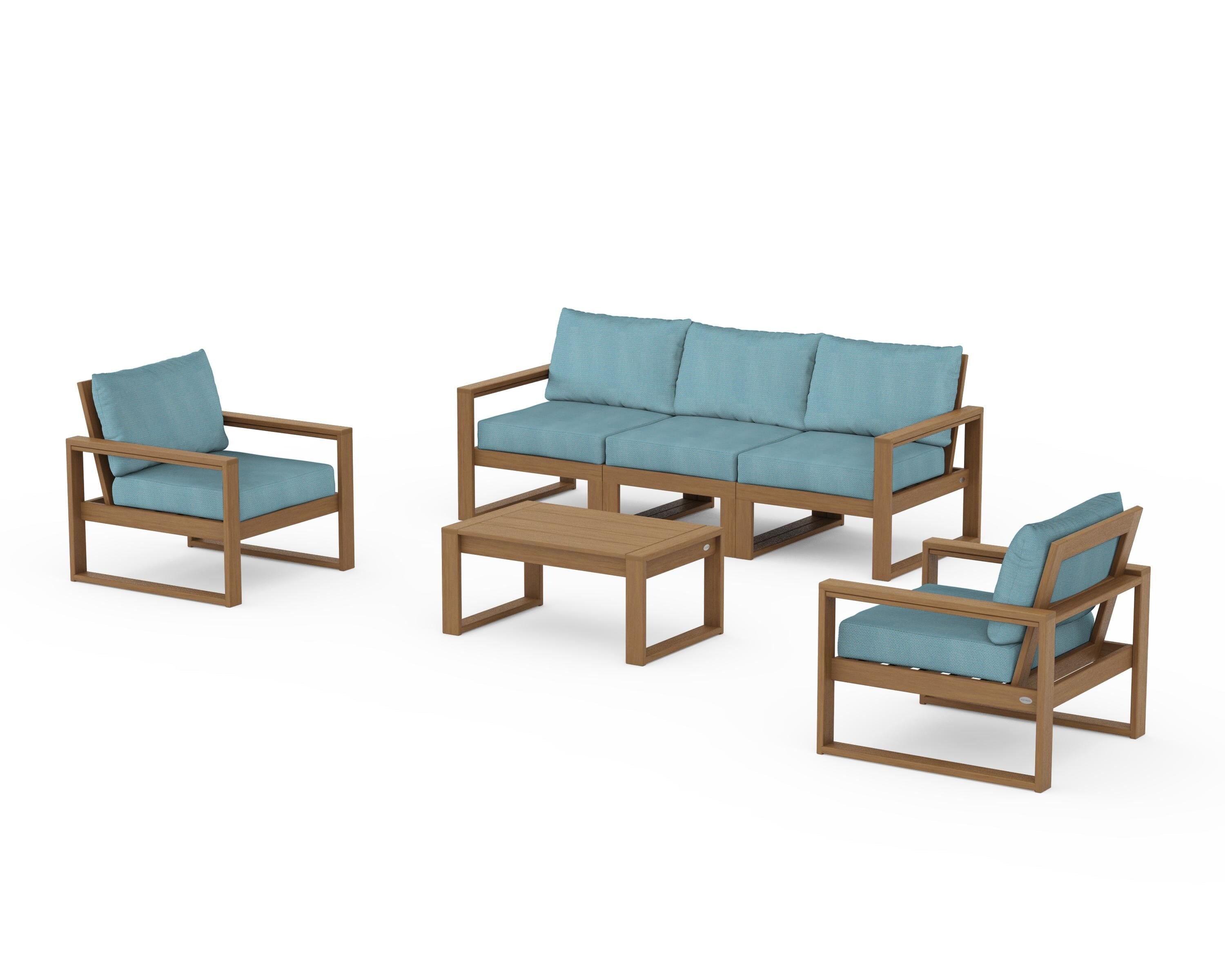 POLYWOOD EDGE Sectional 4-Piece Deep Seating Set with Sofa in Natural / Lattice Sky Blue