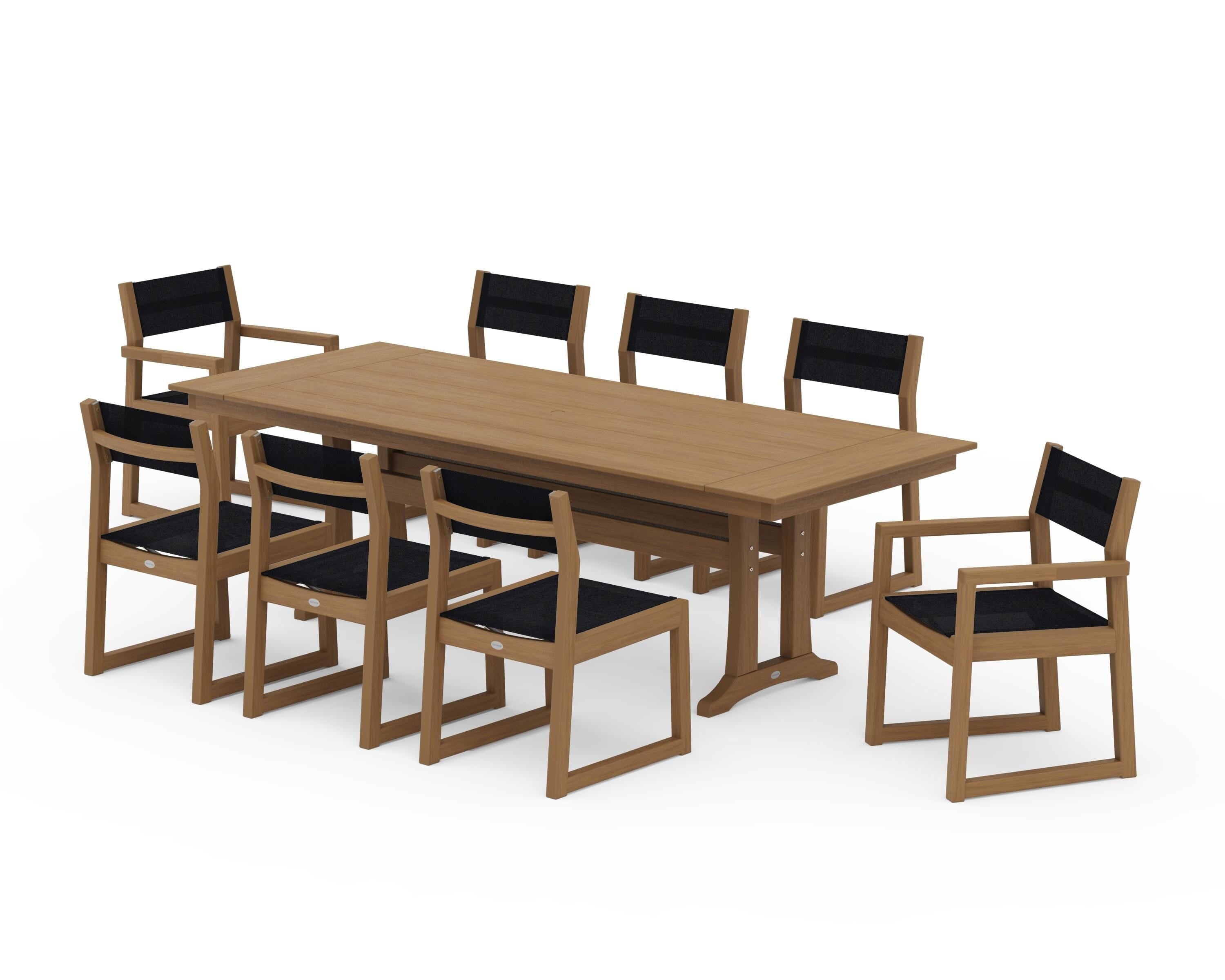 POLYWOOD EDGE Sling 9-Piece Farmhouse Trestle Dining Set in Natural / Black Sling