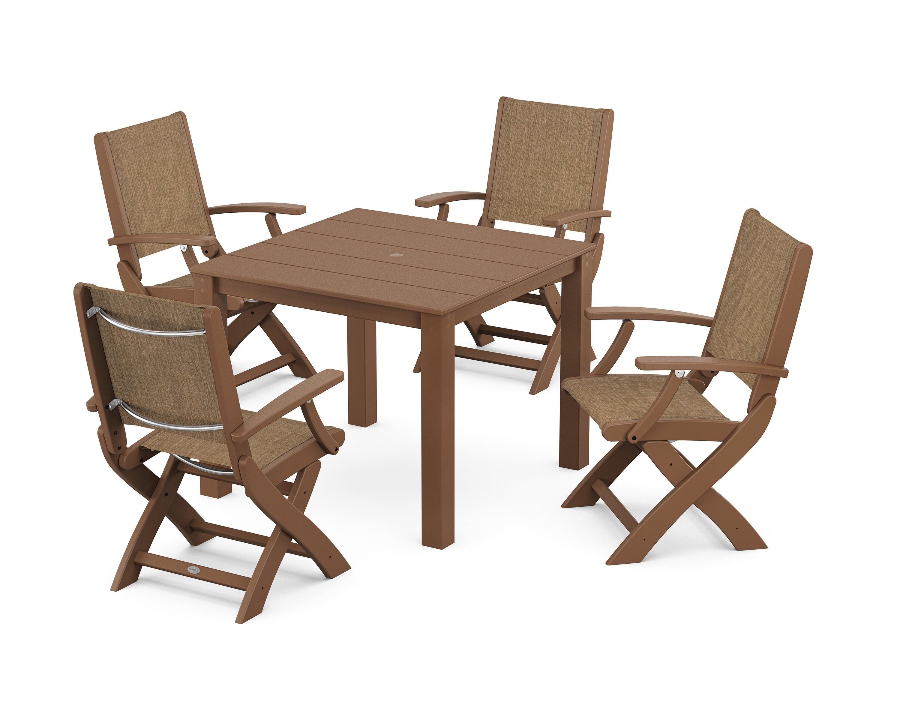 POLYWOOD Coastal Folding Chair 5-Piece Parsons Dining Set in Teak / Burlap Sling