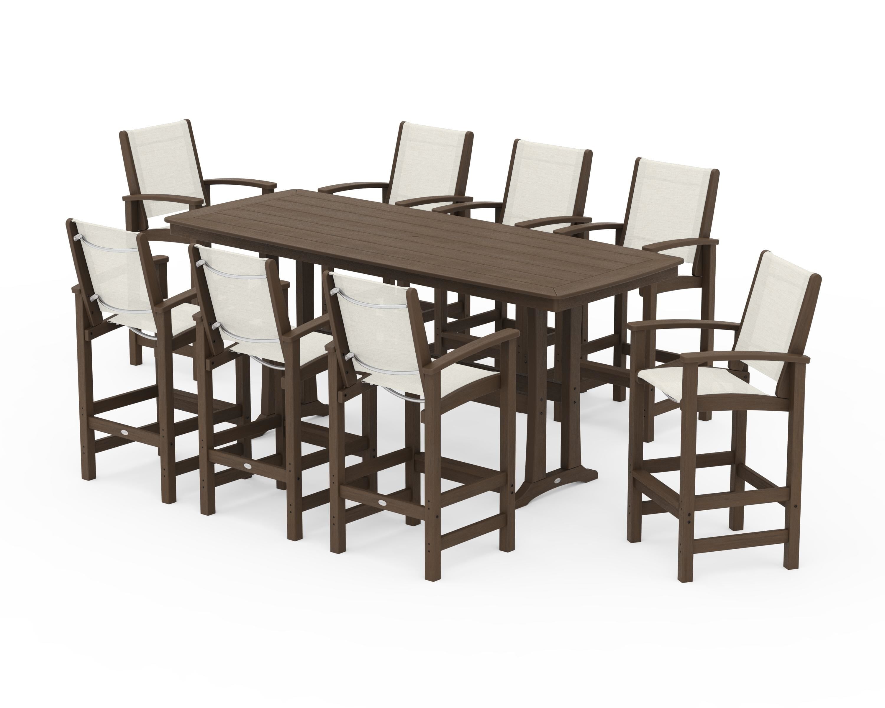 POLYWOOD Coastal 9-Piece Bar Set with Trestle Legs in Kona / Parchment Sling