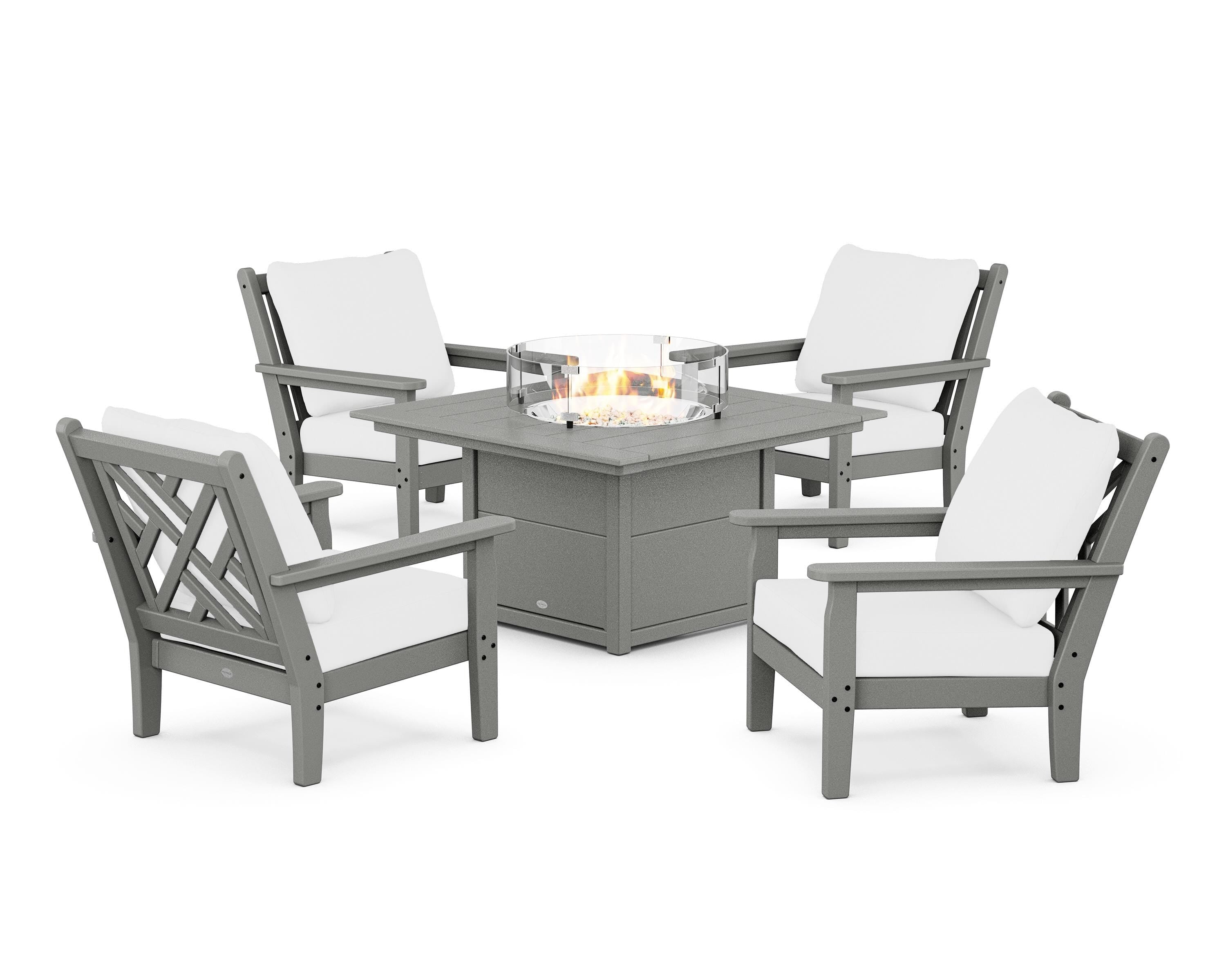POLYWOOD Chippendale 5-Piece Deep Seating Set with Fire Pit Table in Slate Grey / Natural