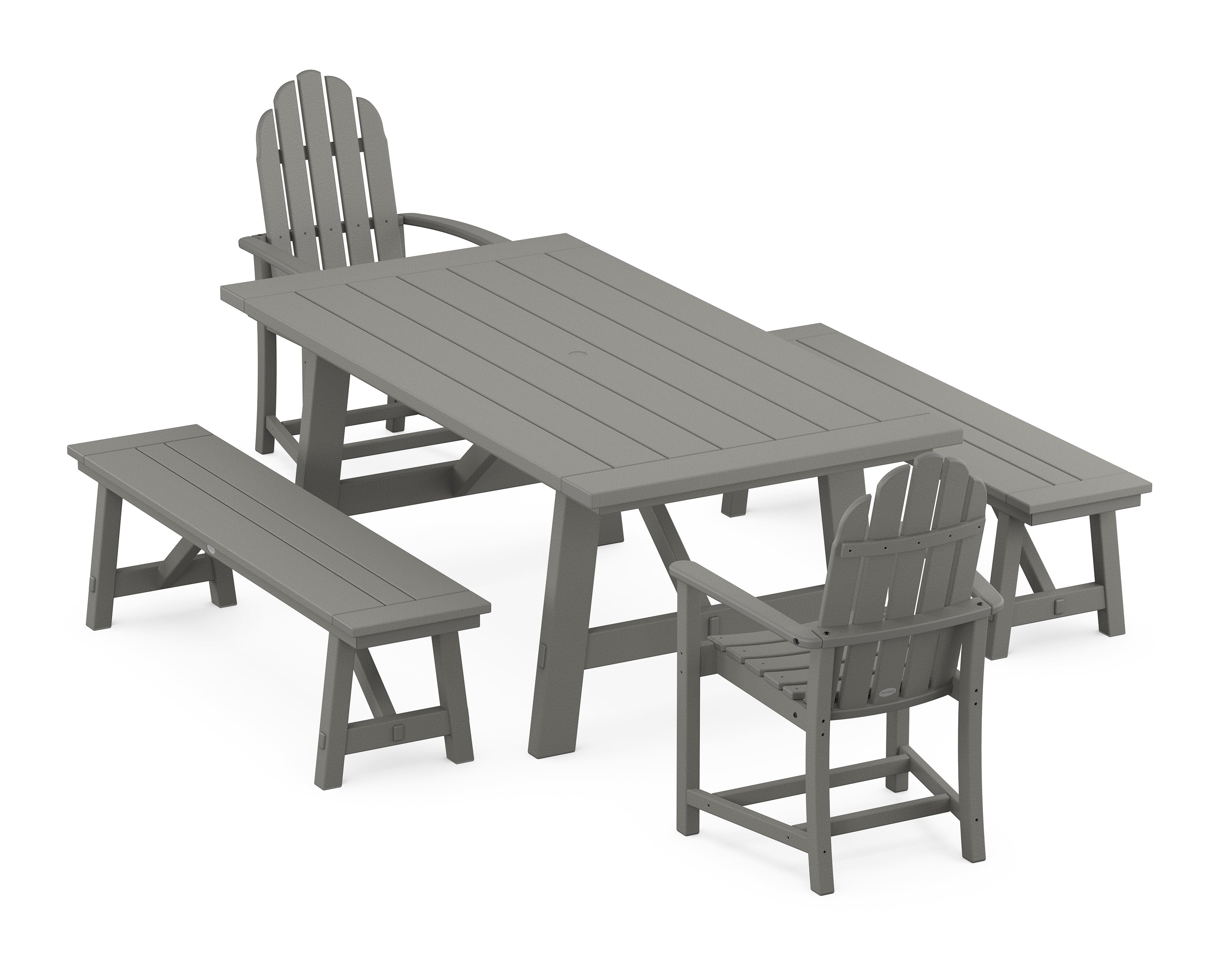 POLYWOOD® Classic Adirondack 5-Piece Rustic Farmhouse Dining Set With Benches in Slate Grey