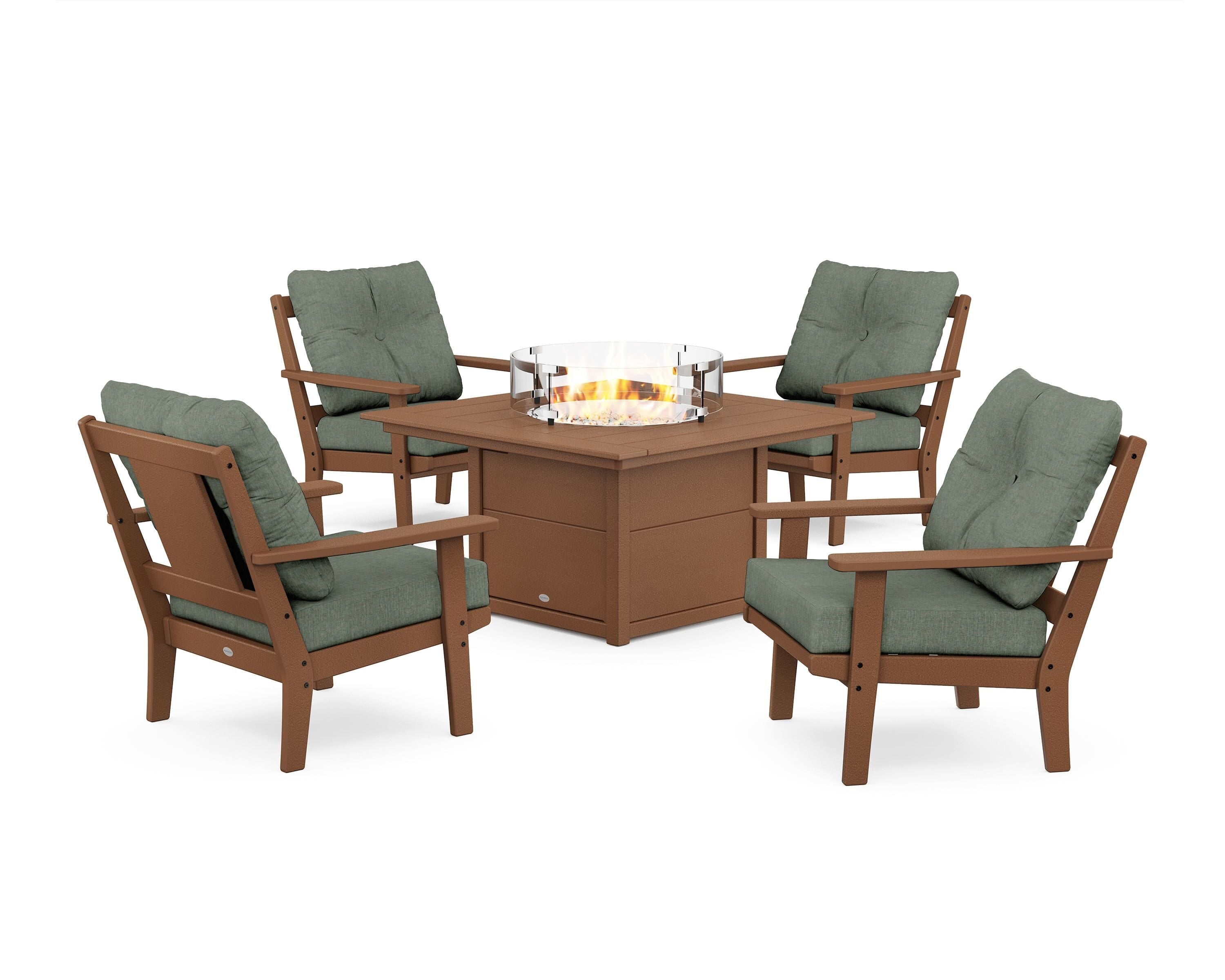 POLYWOOD Prairie 5-Piece Deep Seating Set with Fire Pit Table in Teak / Cast Sage