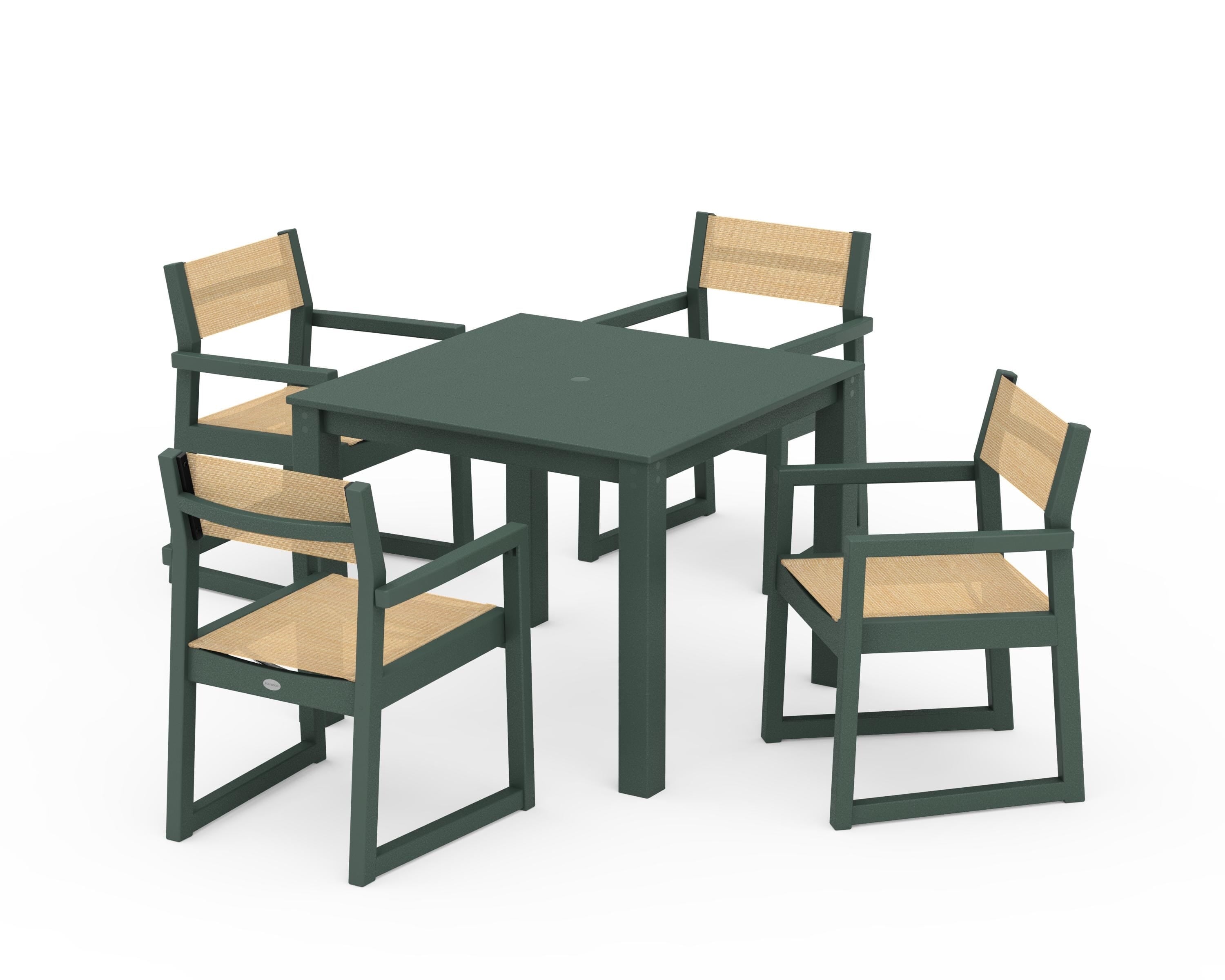 POLYWOOD EDGE Sling Arm Chair 5-Piece Parsons Dining Set in Green / Dupioni Apricot Sling
