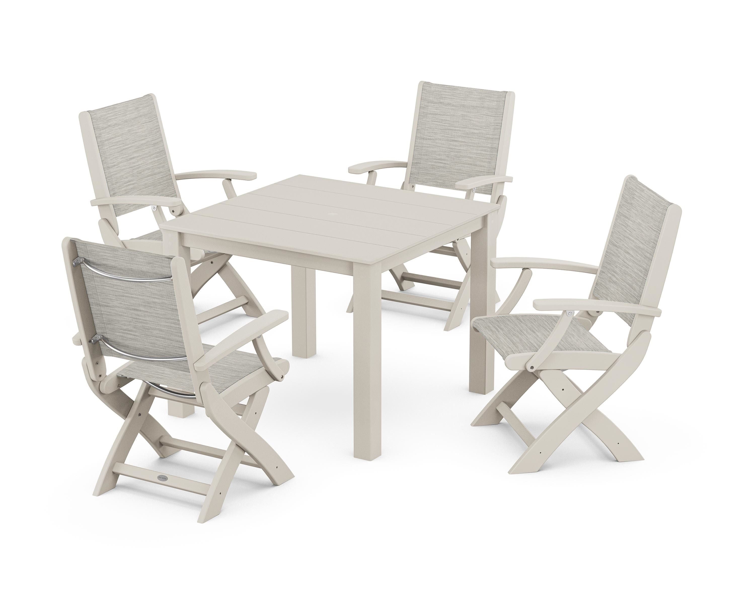 POLYWOOD Coastal Folding Chair 5-Piece Parsons Dining Set in Sand / Birch Sling
