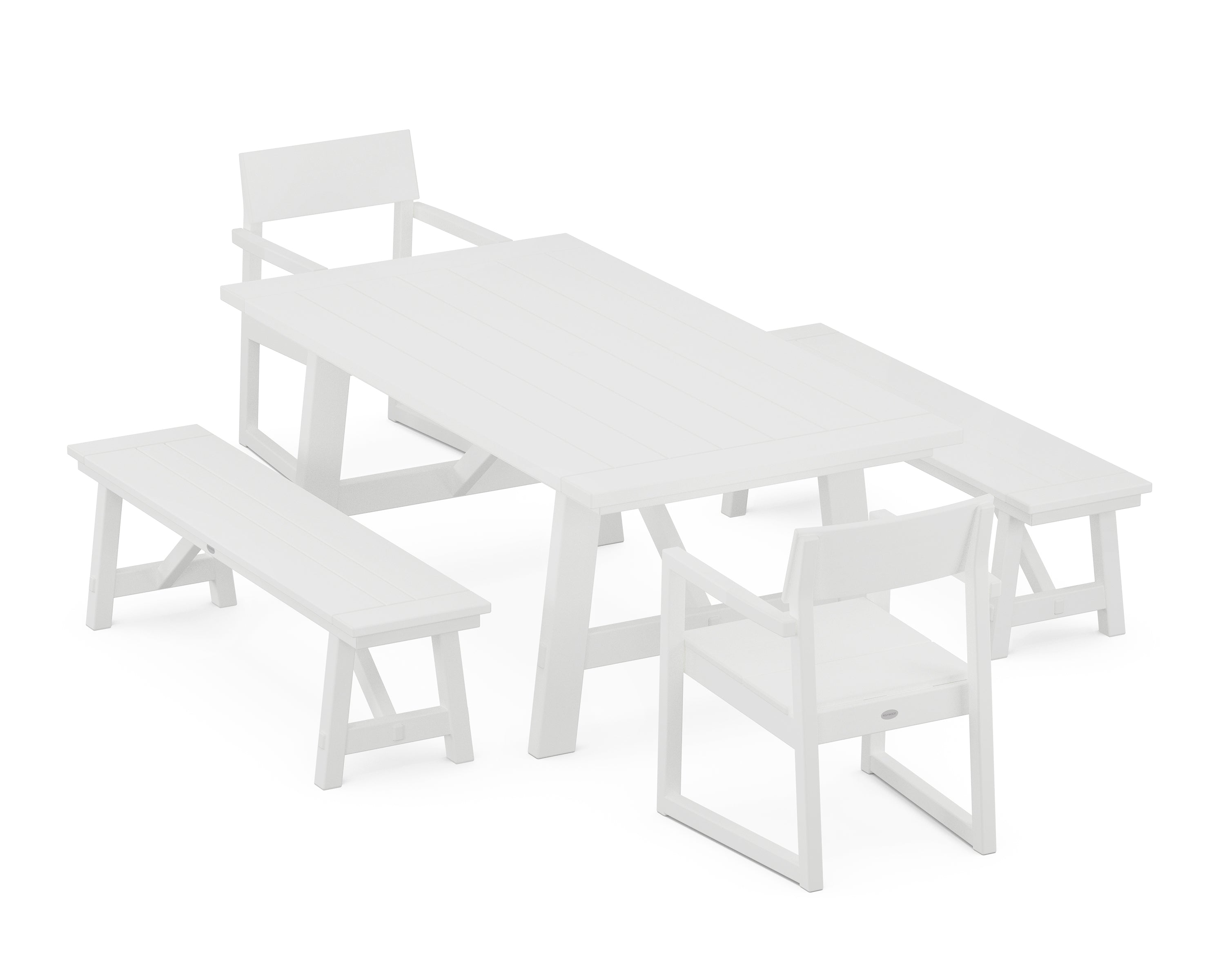 POLYWOOD® EDGE 5-Piece Rustic Farmhouse Dining Set With Benches in White