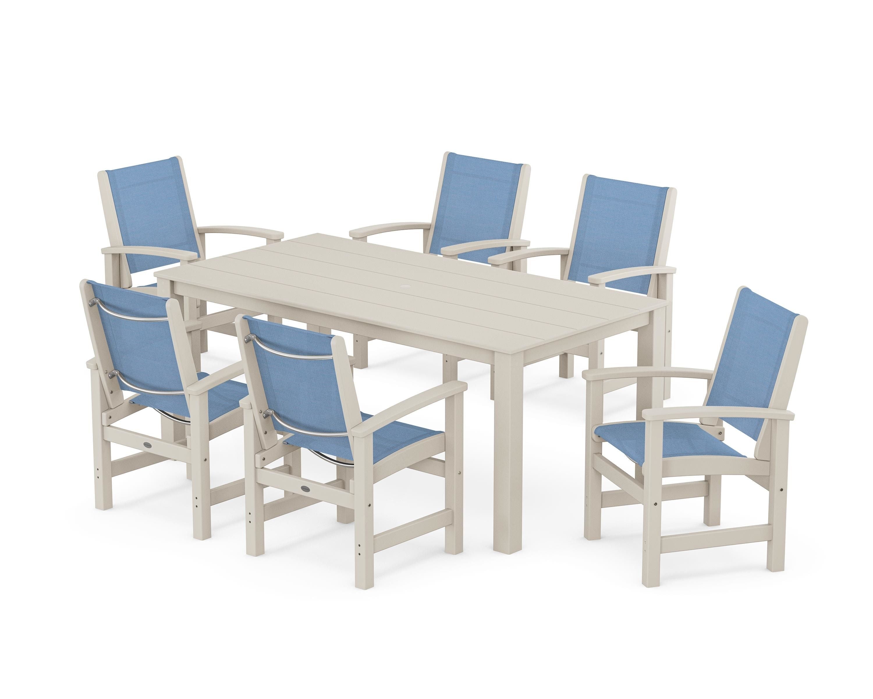 POLYWOOD Coastal 7-Piece Parsons Dining Set in Sand / Poolside Sling