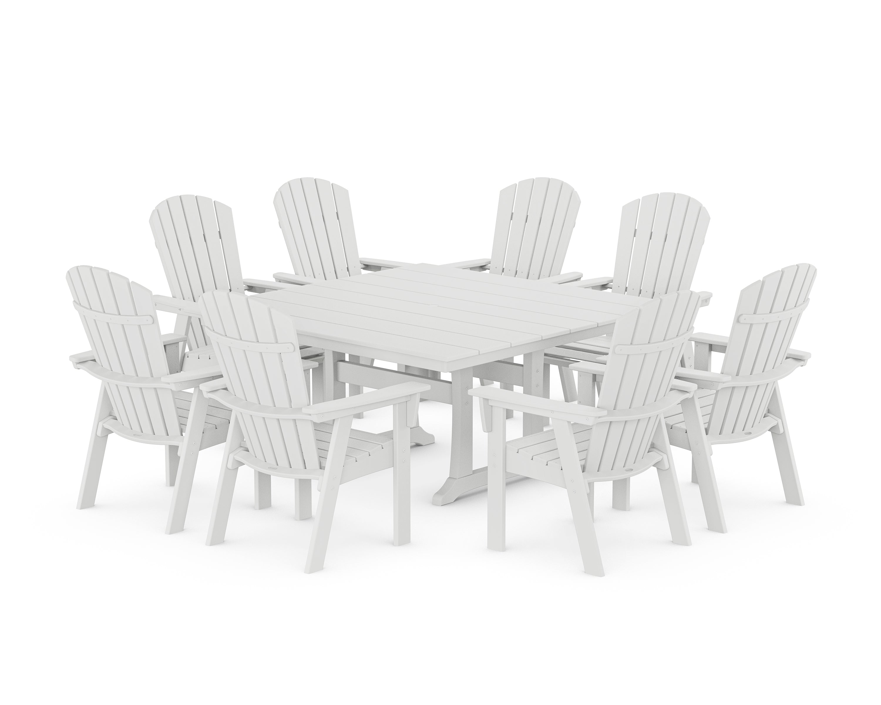 POLYWOOD Nautical Curveback Adirondack 9-Piece Square Dining Set with Trestle Legs in White