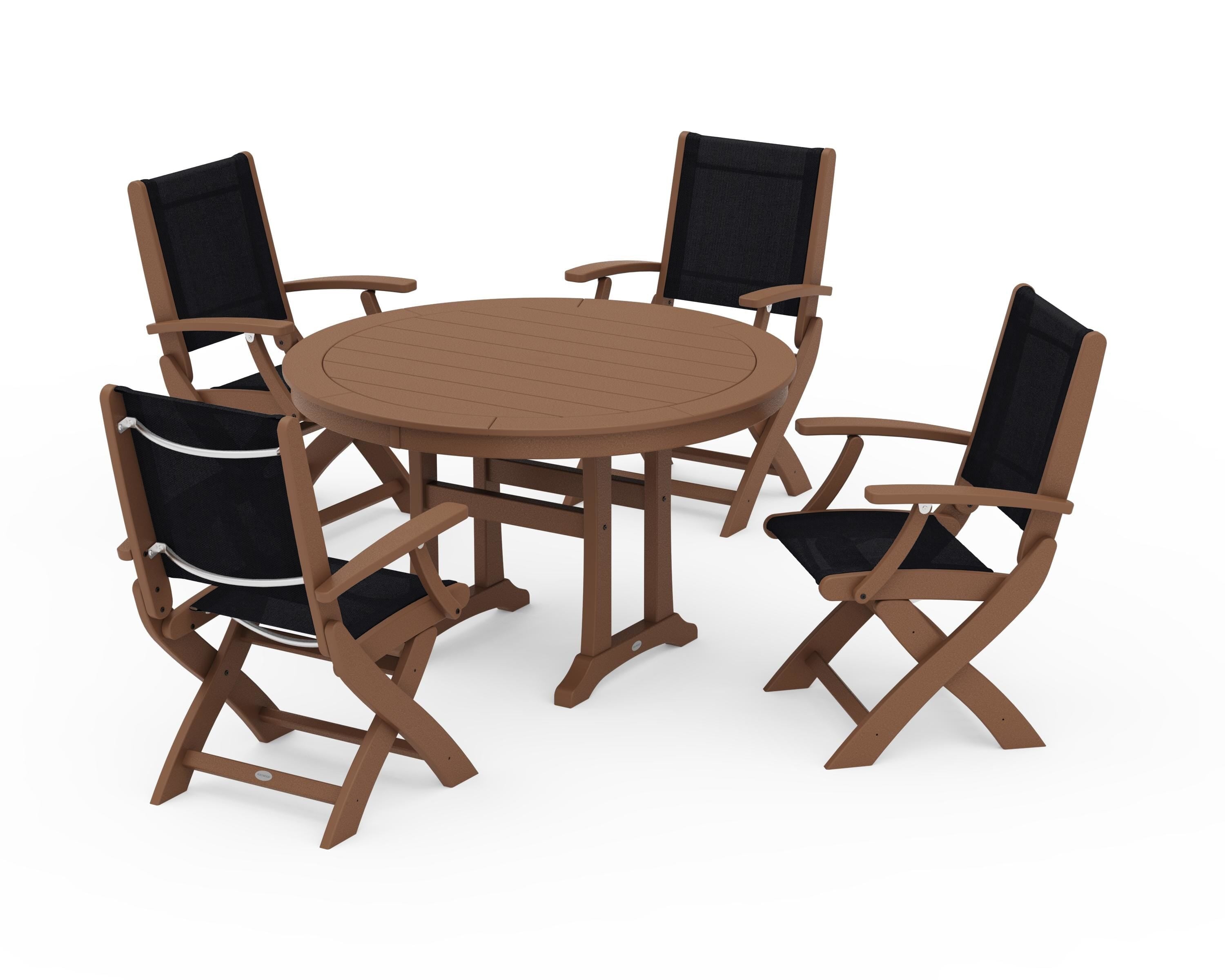 POLYWOOD Coastal Folding Chair 5-Piece Round Dining Set with Trestle Legs in Teak / Black Sling