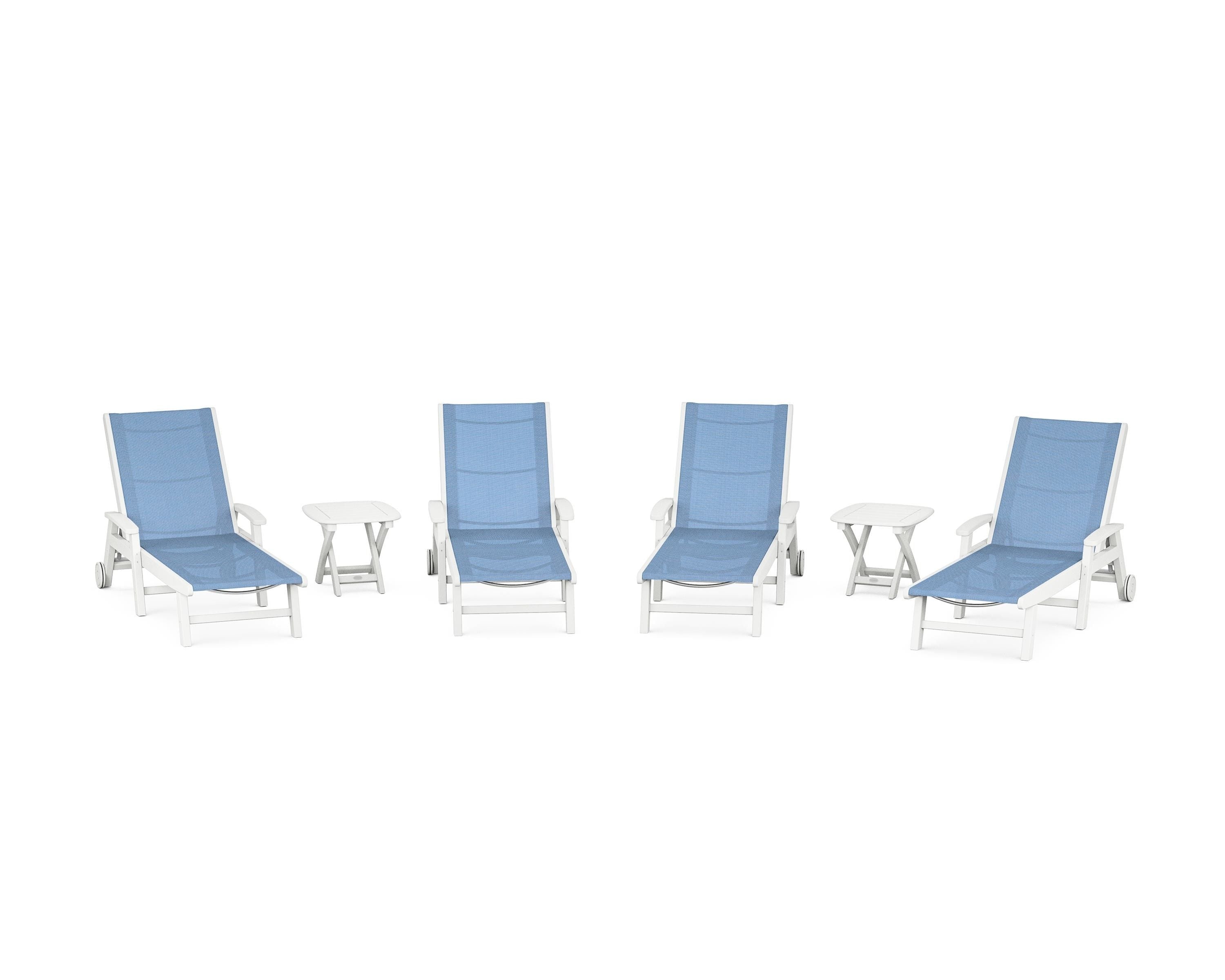 POLYWOOD Coastal Chaise 6-Piece Set with Wheels in White / Poolside Sling