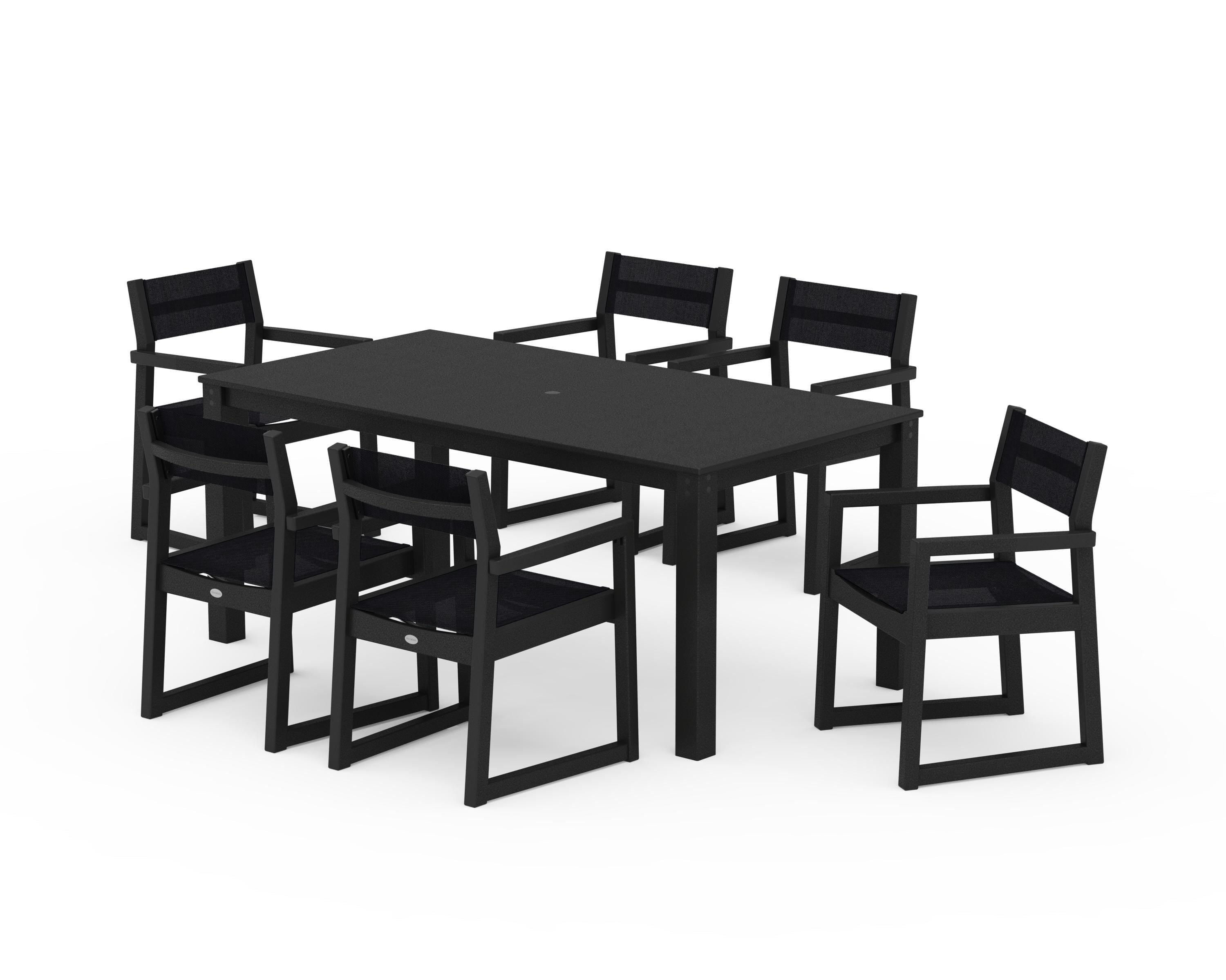 POLYWOOD EDGE Sling Arm Chair 7-Piece Parsons Dining Set in Black / Black Sling