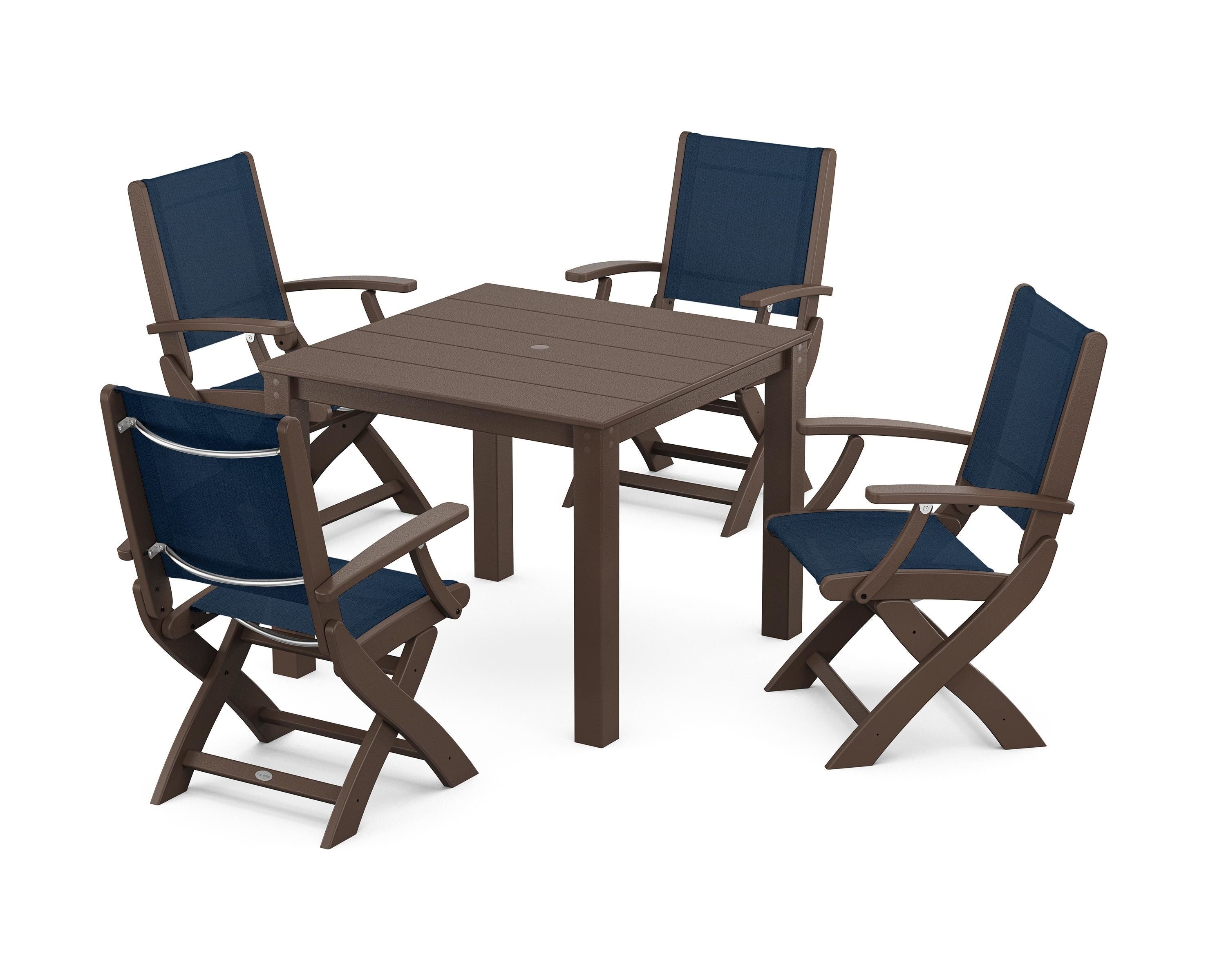 POLYWOOD Coastal Folding Chair 5-Piece Parsons Dining Set in Mahogany / Navy Blue Sling