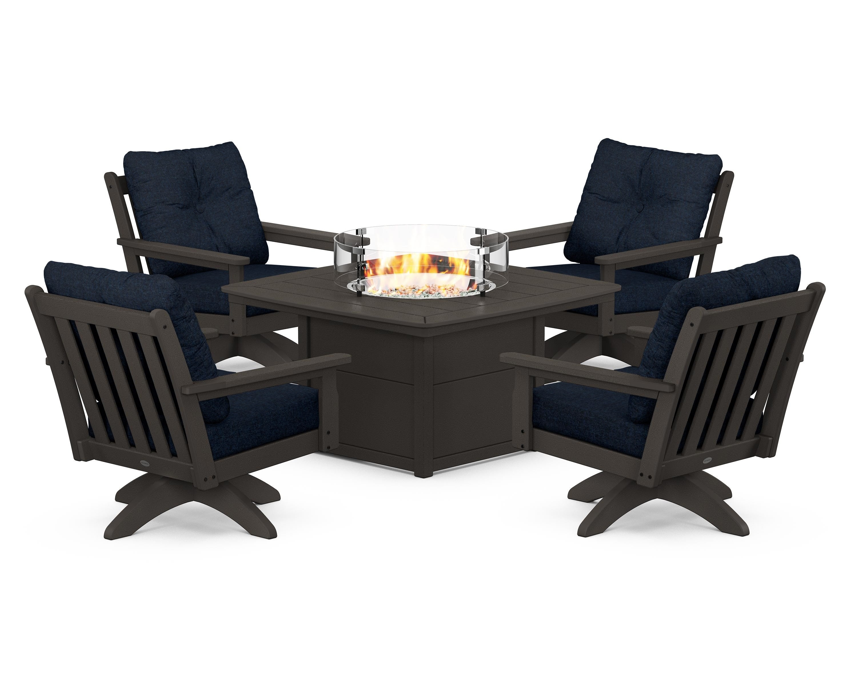 POLYWOOD Vineyard 5-Piece Deep Seating Swivel Conversation Set with Fire Pit Table in Vintage Coffee / Marine Indigo