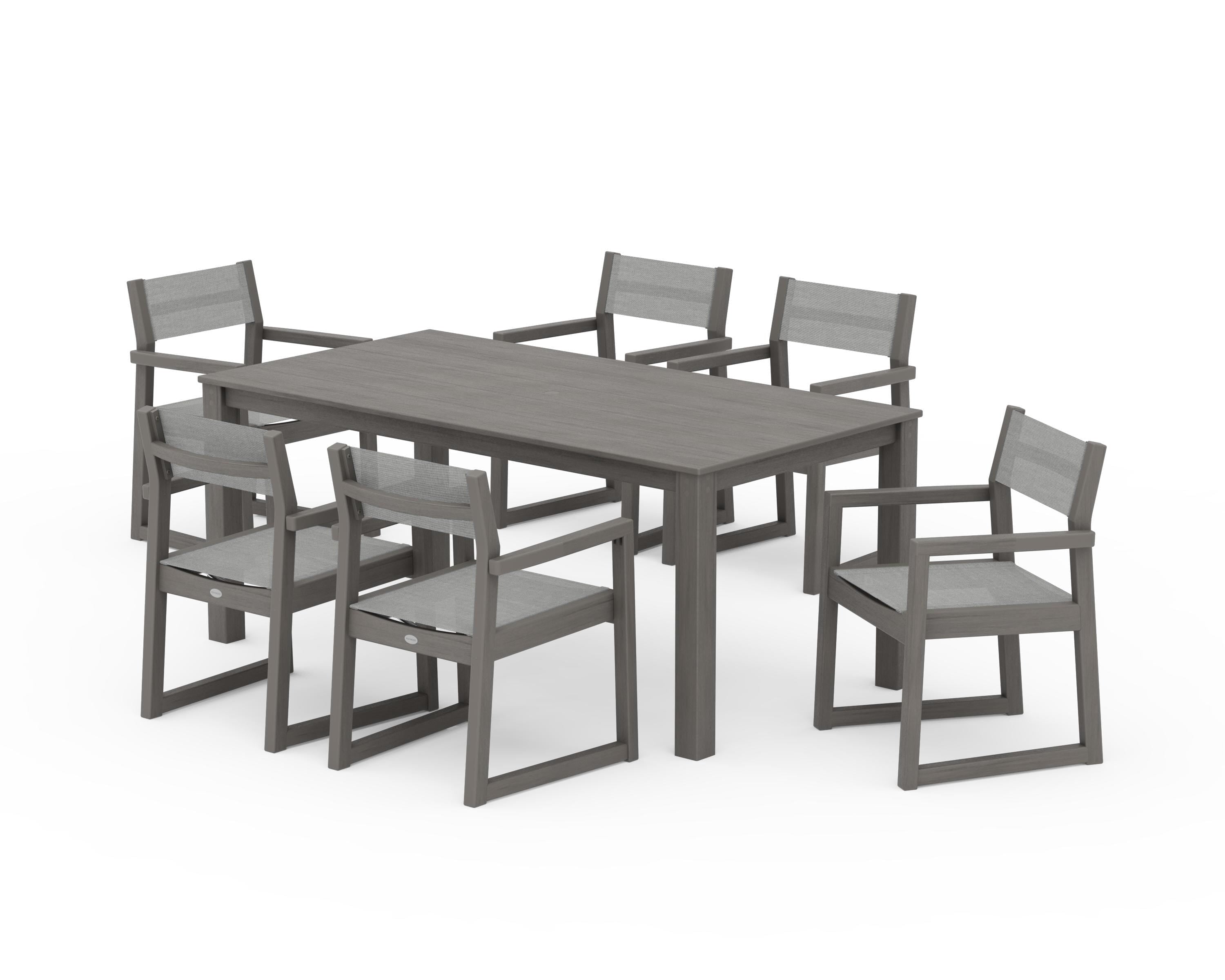 POLYWOOD EDGE Sling Arm Chair 7-Piece Parsons Dining Set in Driftwood / Metallic Sling