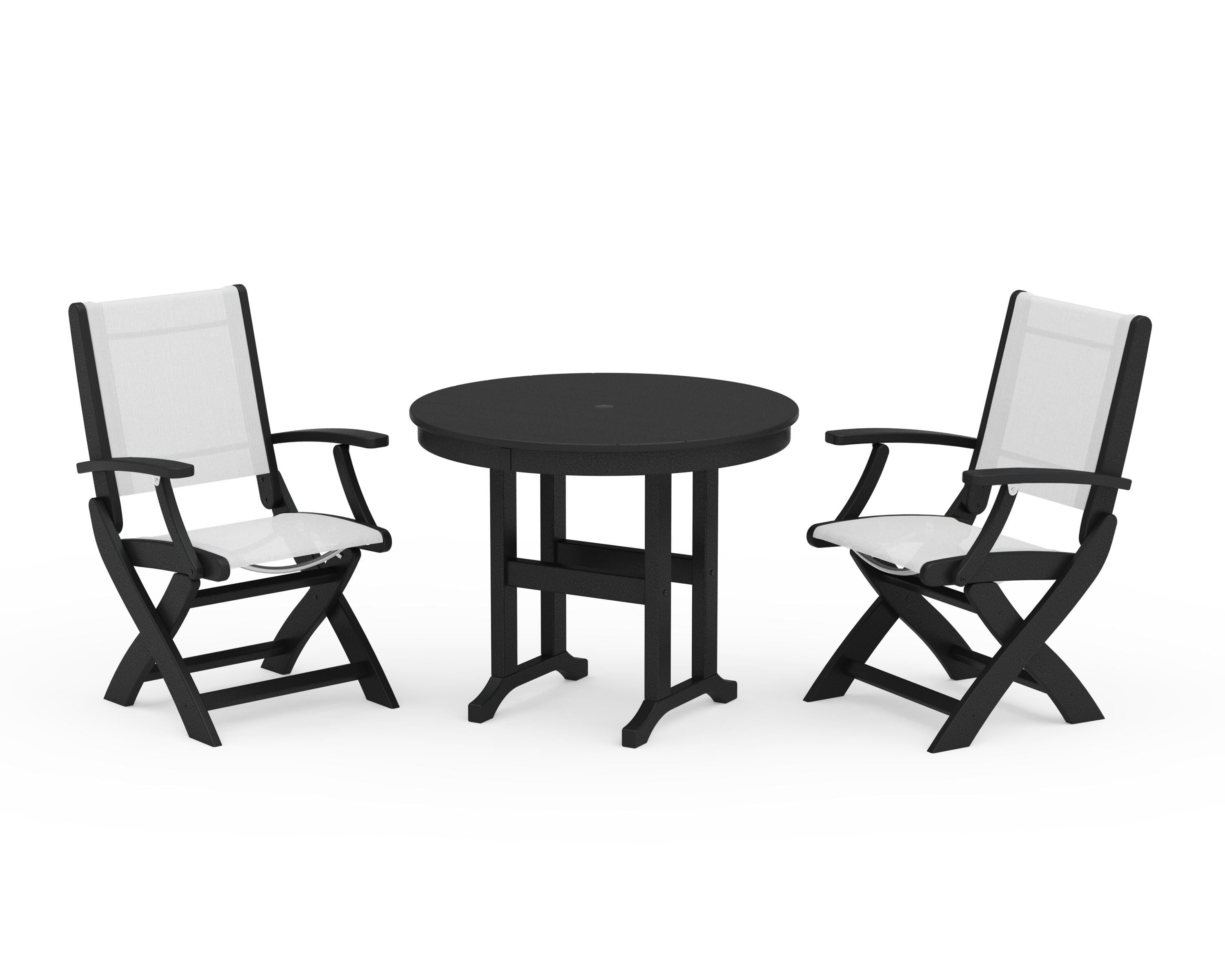 POLYWOOD Coastal Folding Chair 3-Piece Round Dining Set in Black / White Sling