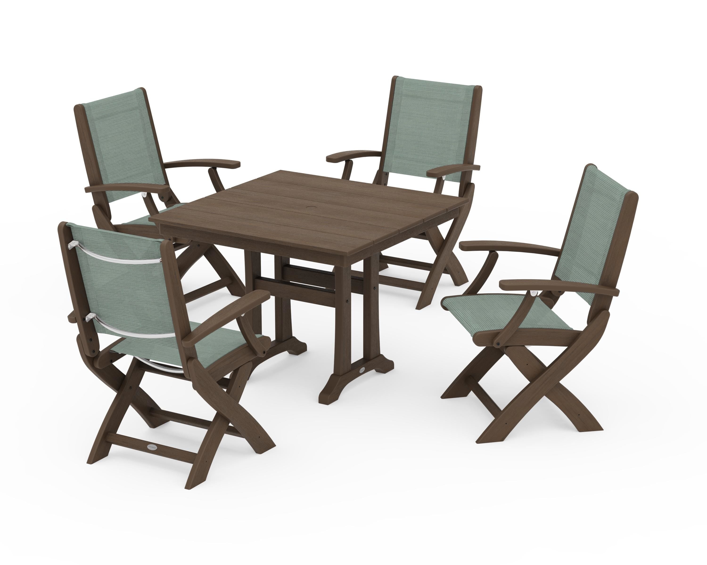 POLYWOOD Coastal Folding Chair 5-Piece Farmhouse Dining Set With Trestle Legs in Kona / Dupioni Sea Mist Sling