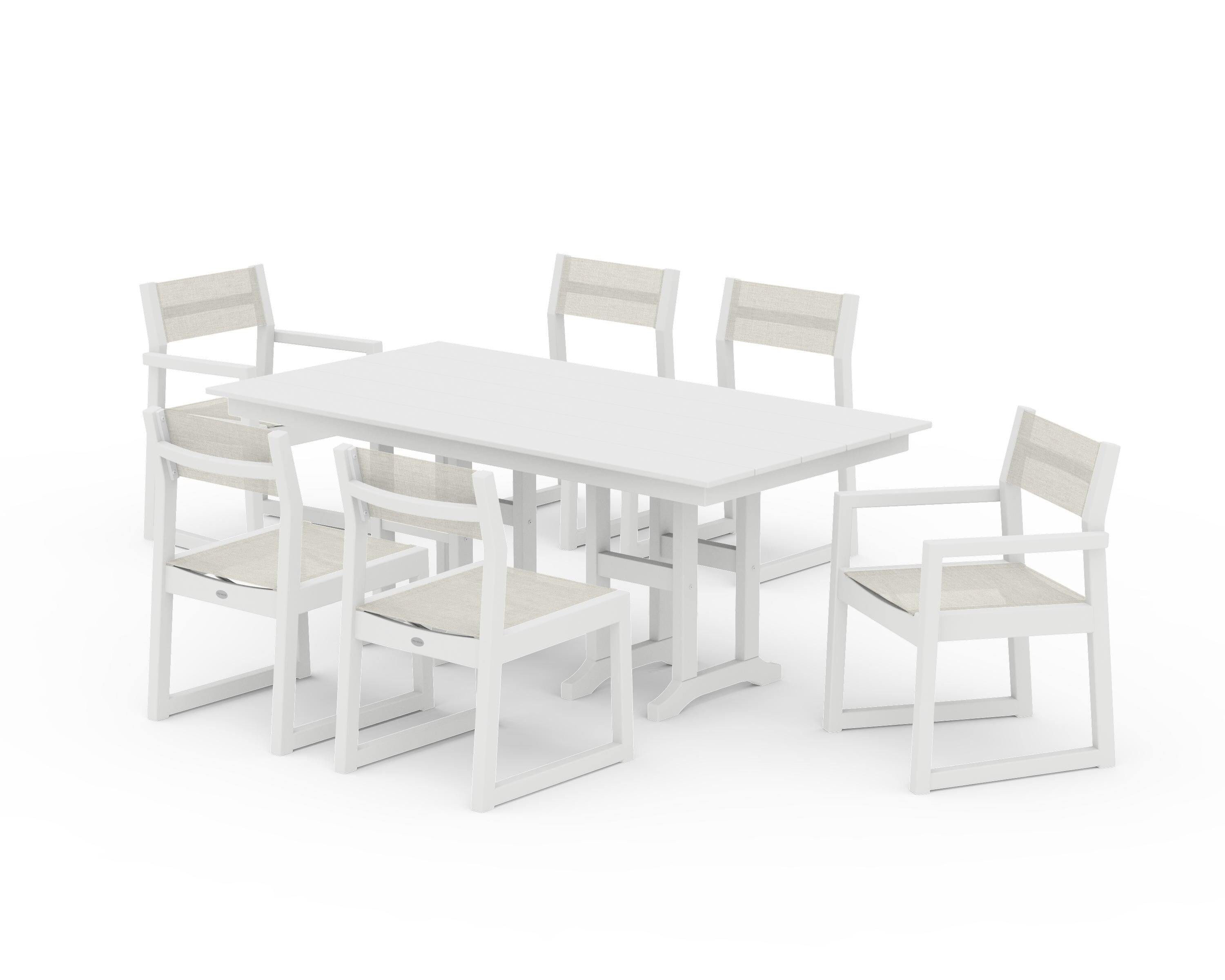 POLYWOOD EDGE Sling 7-Piece Farmhouse Dining Set in White / Parchment Sling