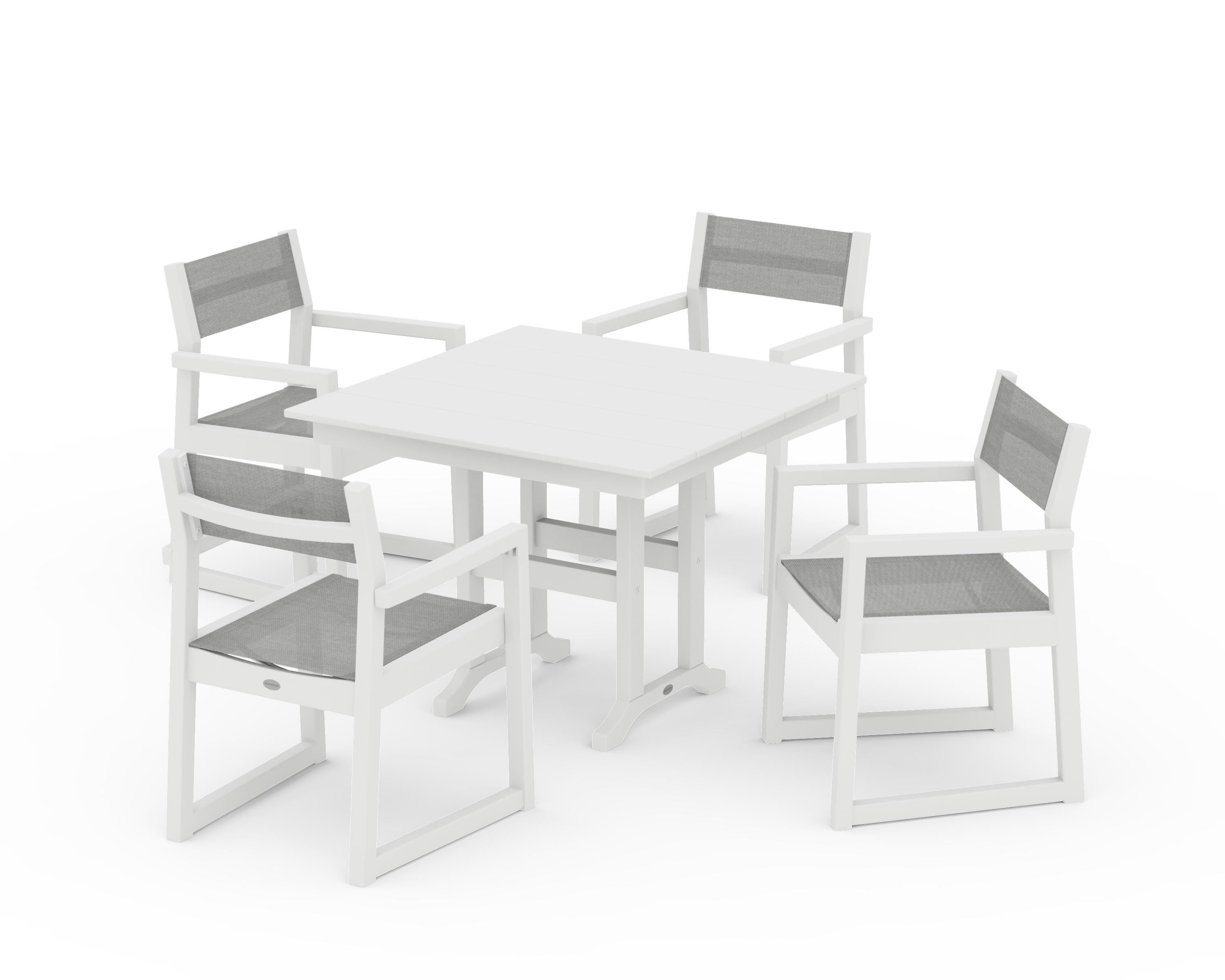 POLYWOOD EDGE Sling Arm Chair 5-Piece Farmhouse Dining Set in White / Metallic Sling